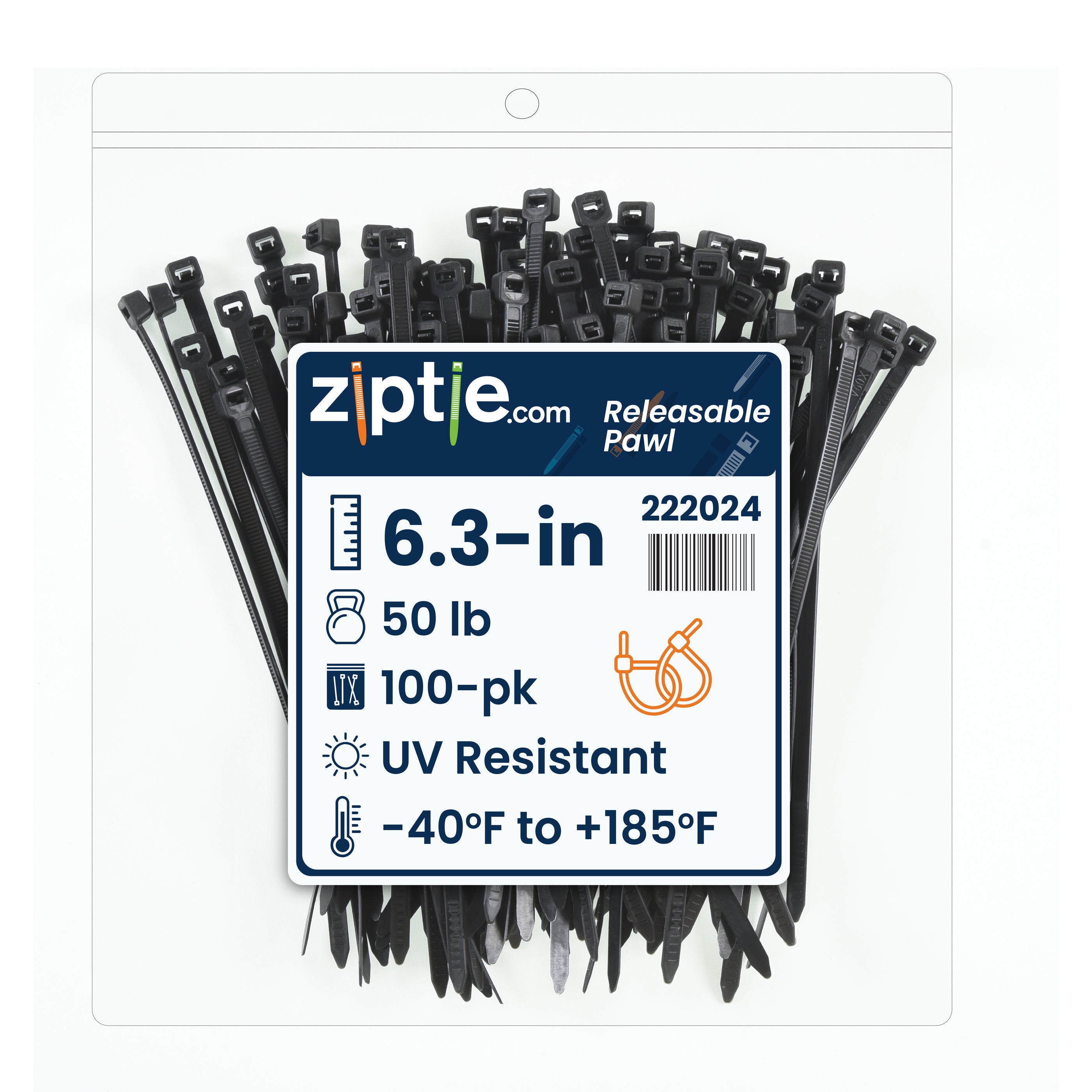 6.3-inch UV Resistant Black Releasable Pawl Zip Tie, 50-lb Tensile Strength, UL 21 Listed, 100-Pack