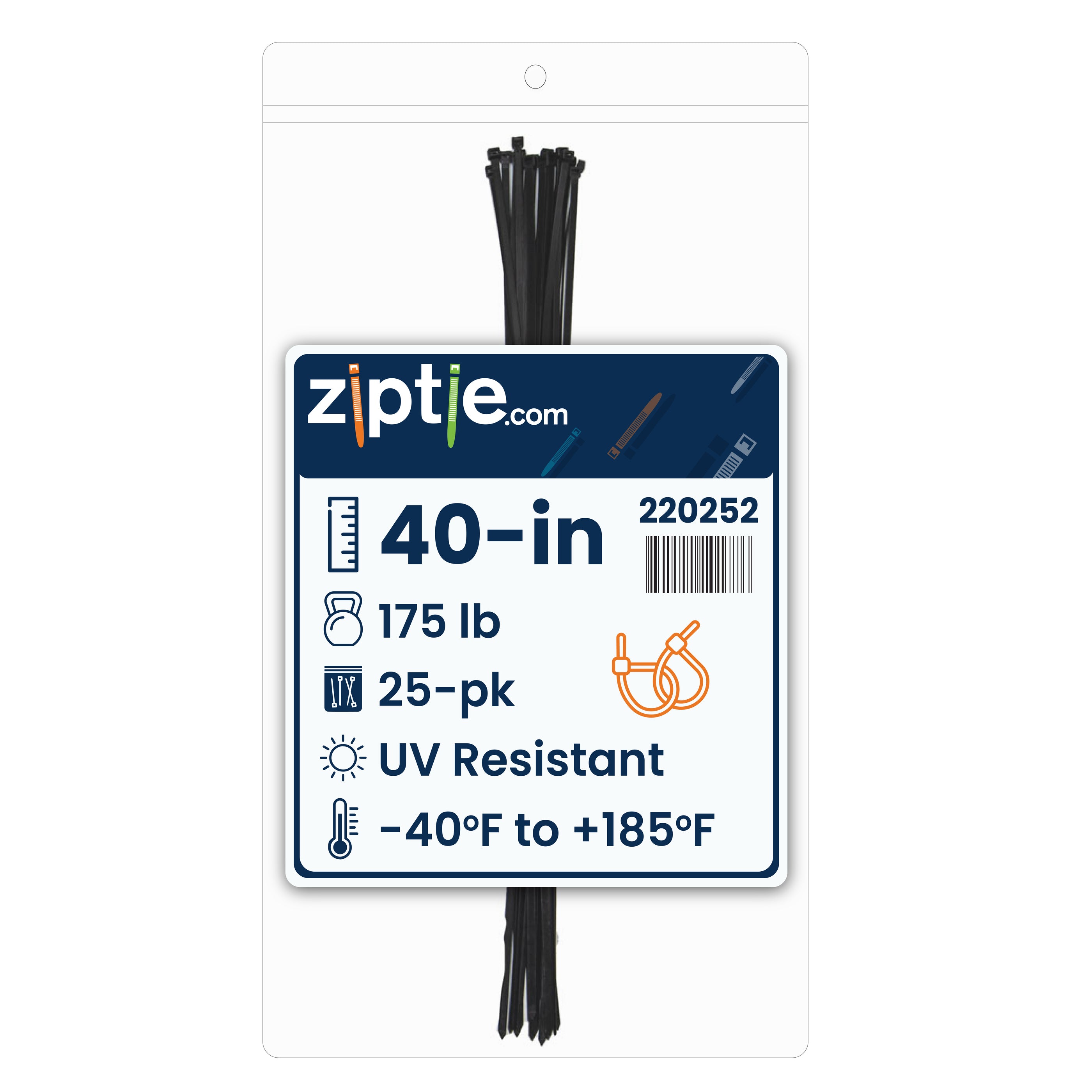 40-inch UV Resistant Black Multi-Purpose Zip Tie, 175-lb Tensile Strength, UL 21S Listed, 25-Pack