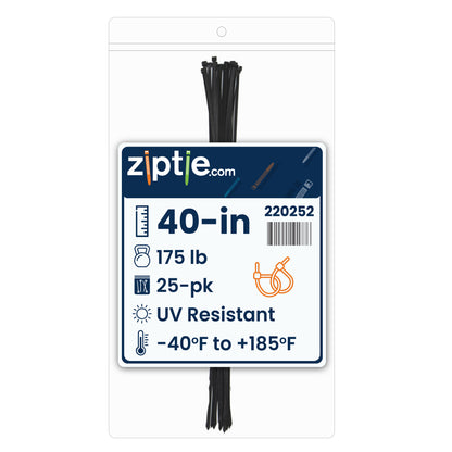 40-inch UV Resistant Black Multi-Purpose Zip Tie, 175-lb Tensile Strength, UL 21S Listed, 25-Pack