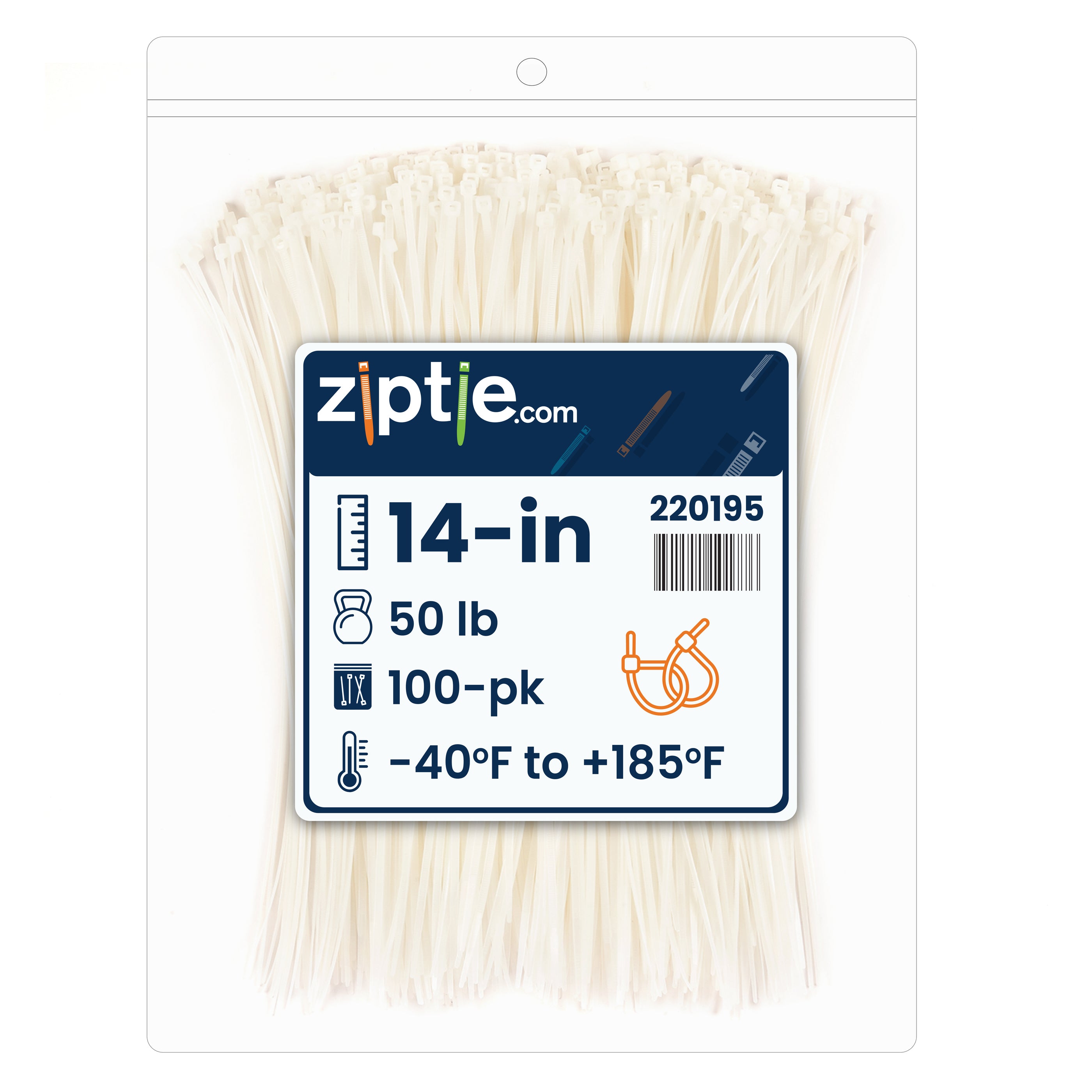 14-inch Natural Multi-Purpose Zip Tie, 50-lb Tensile Strength, UL 21S Listed, 100-Pack