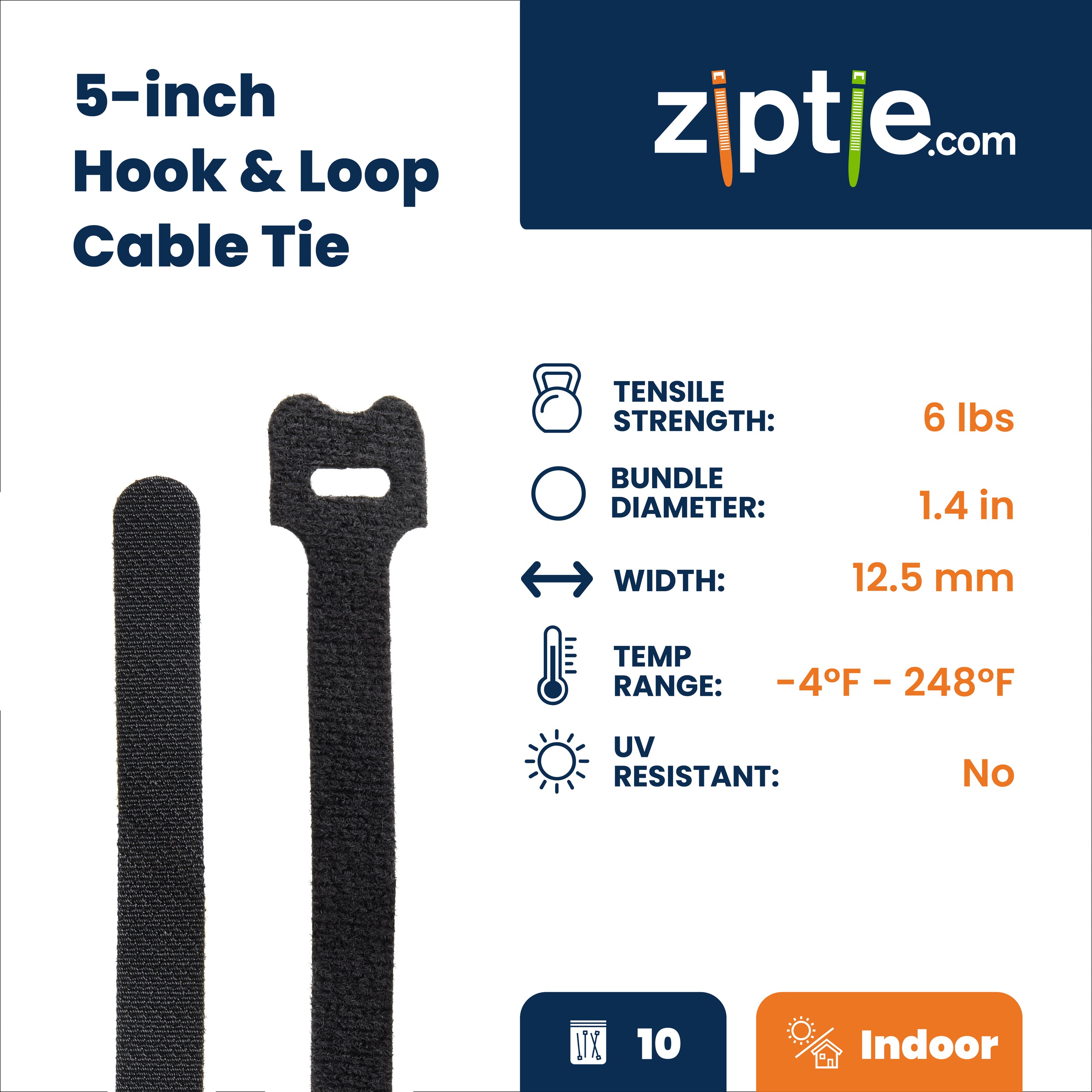 5-inch Black Hook and Loop, 6-lb Tensile Strength, 10-Pack
