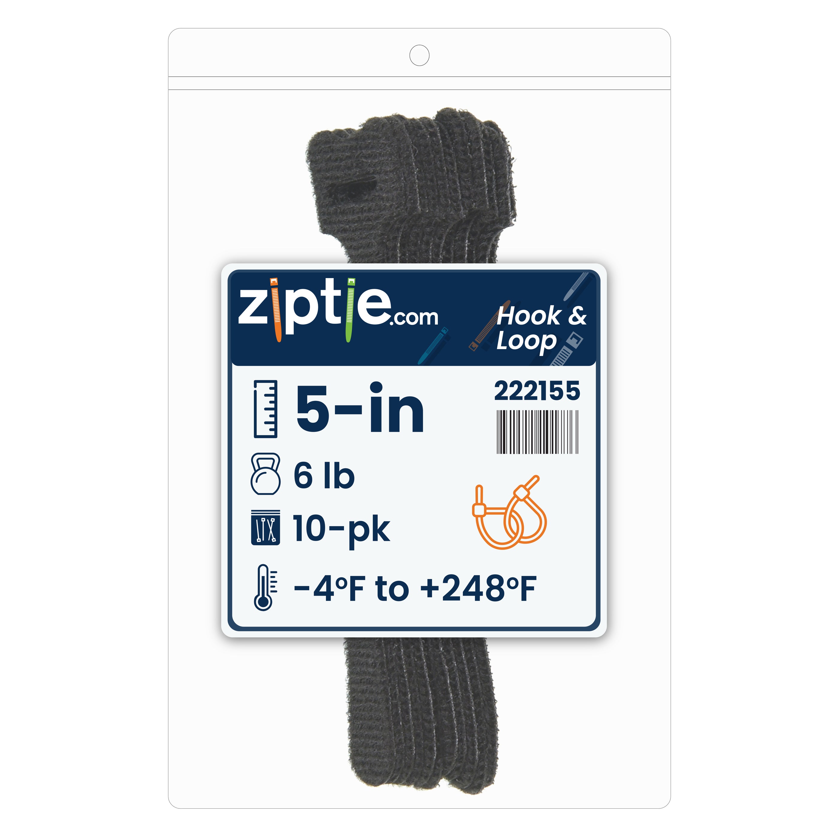 5-inch Black Hook and Loop, 6-lb Tensile Strength, 10-Pack