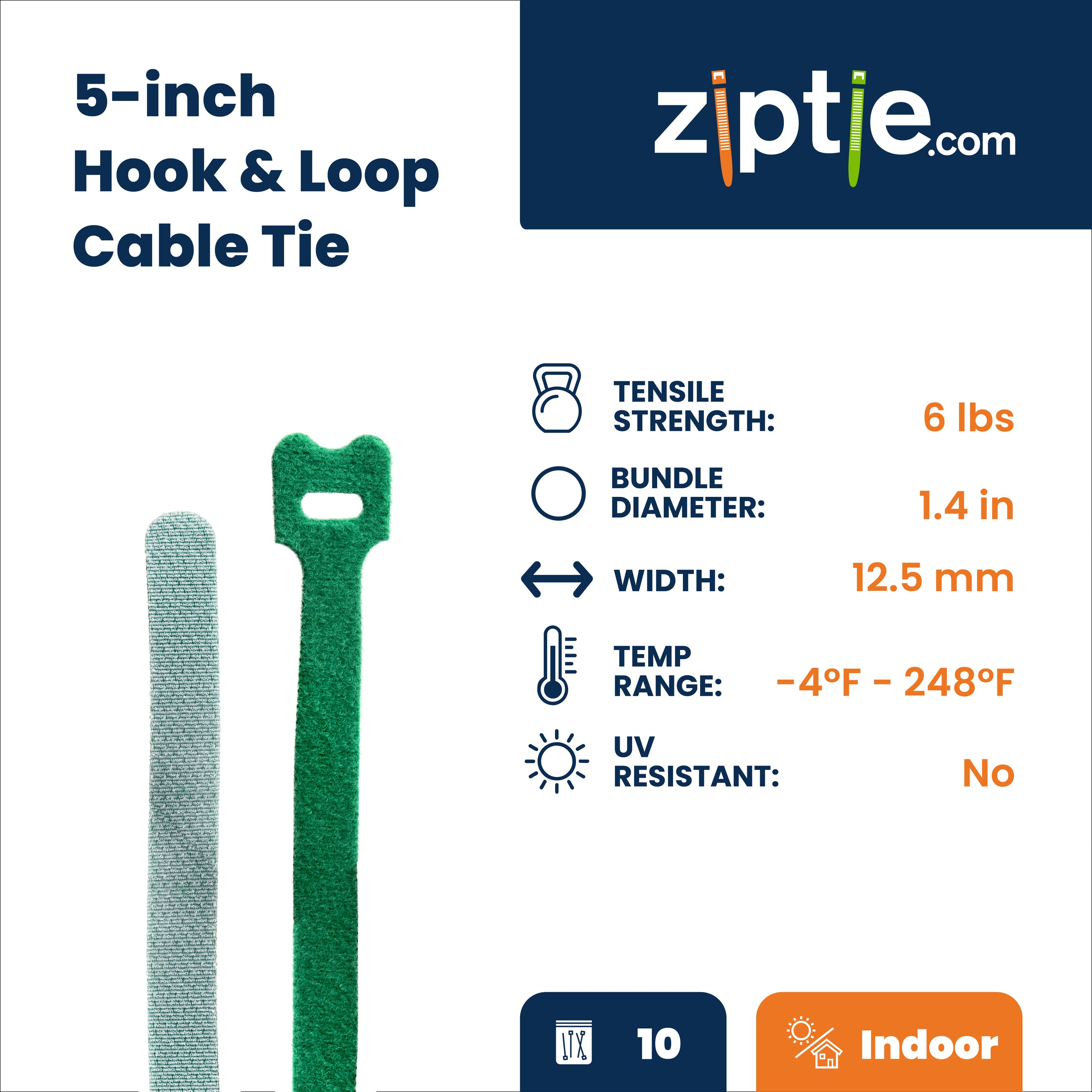 5-inch Green Hook and Loop, 6-lb Tensile Strength, 10-Pack