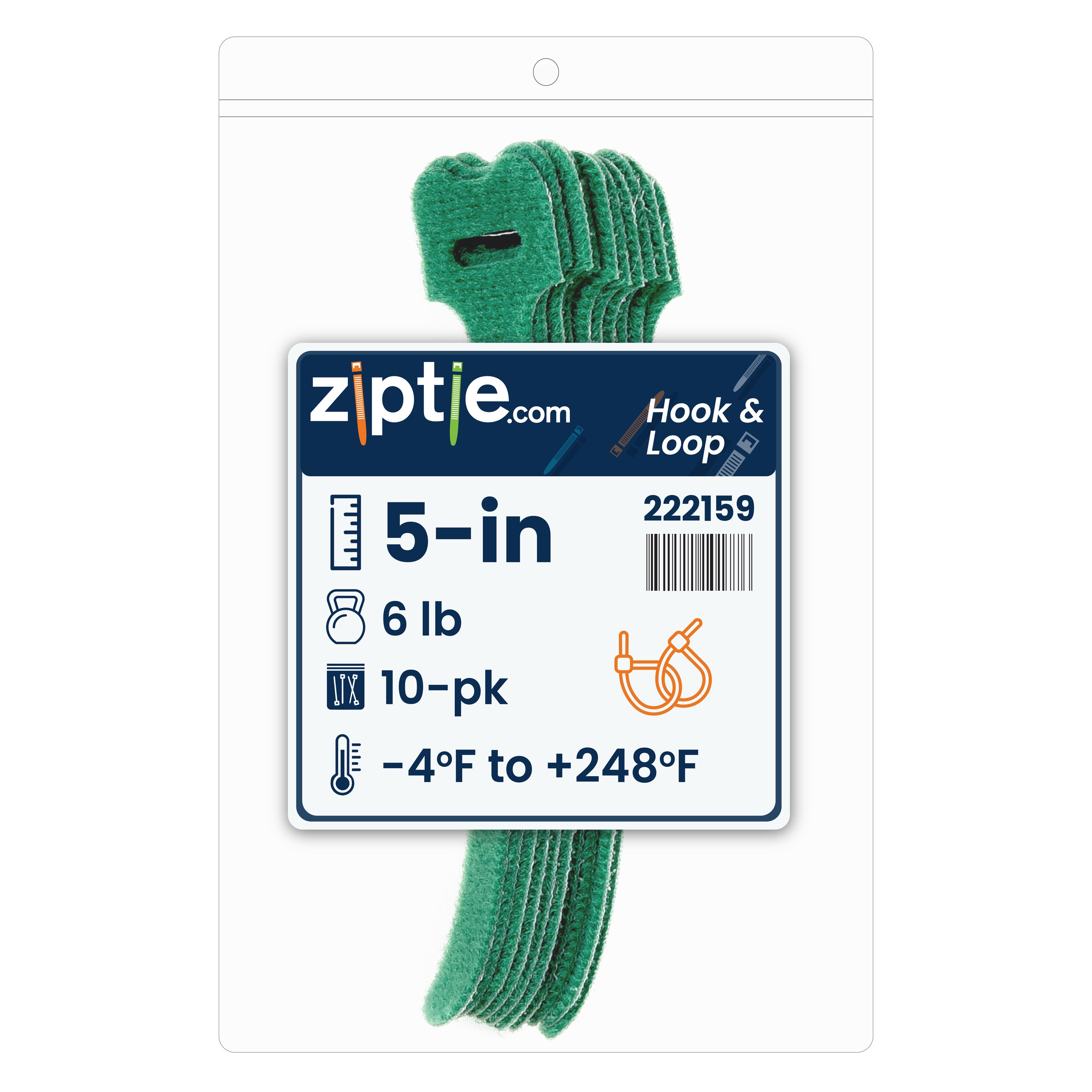 5-inch Green Hook and Loop, 6-lb Tensile Strength, 10-Pack