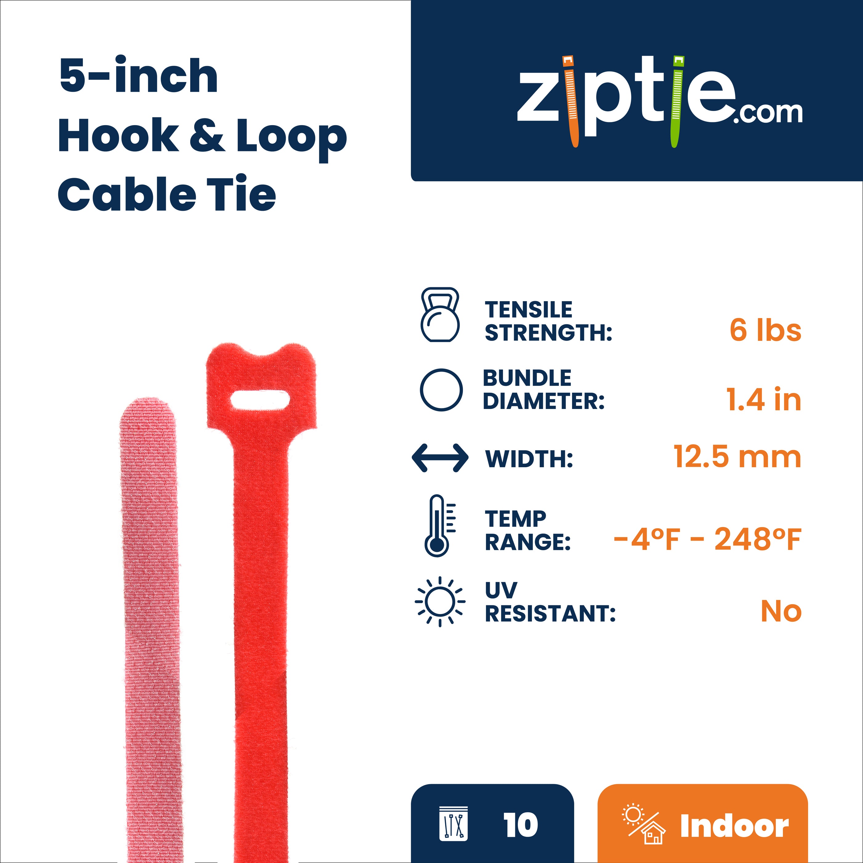 5-inch Red Hook and Loop, 6-lb Tensile Strength, 10-Pack