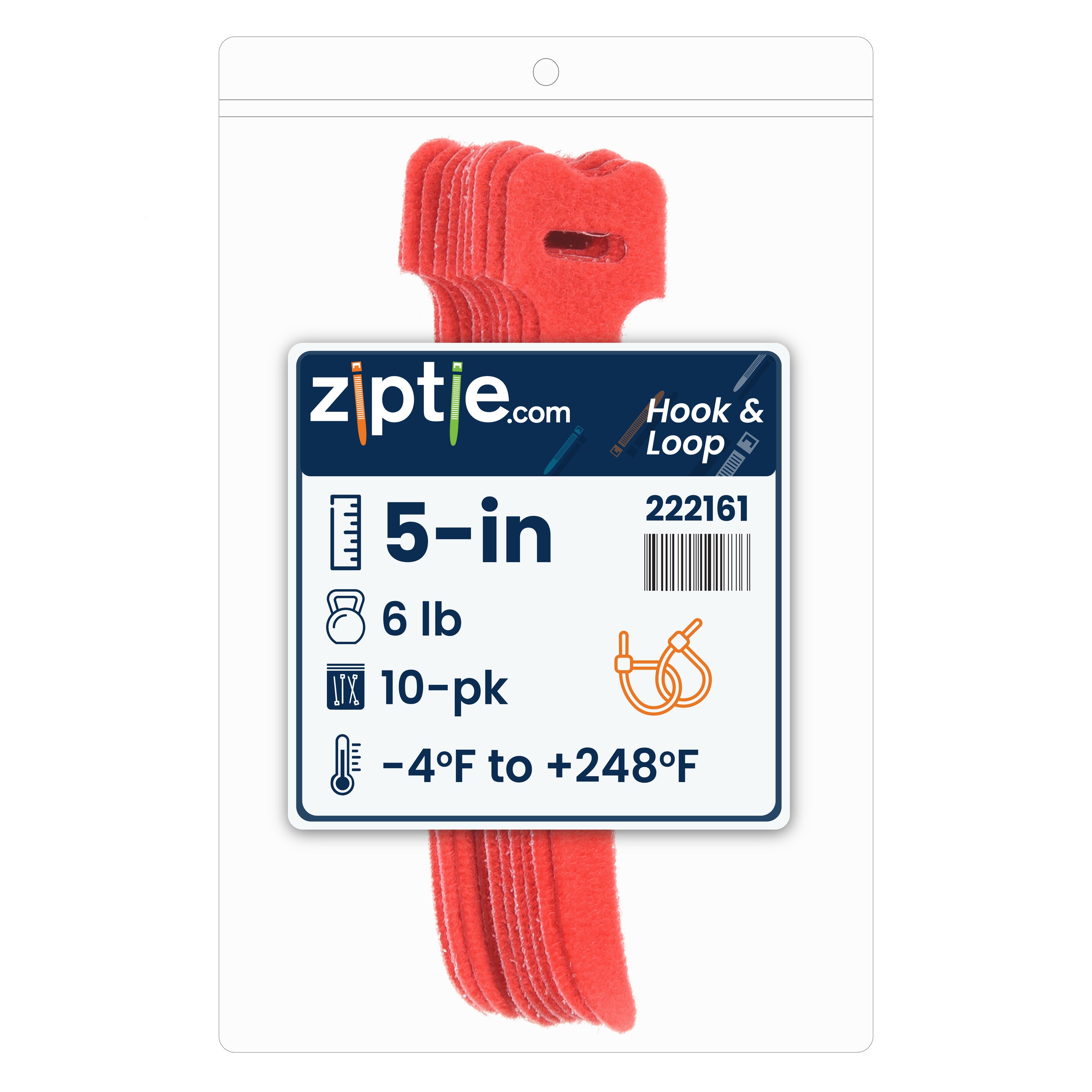 5-inch Red Hook and Loop, 6-lb Tensile Strength, 10-Pack