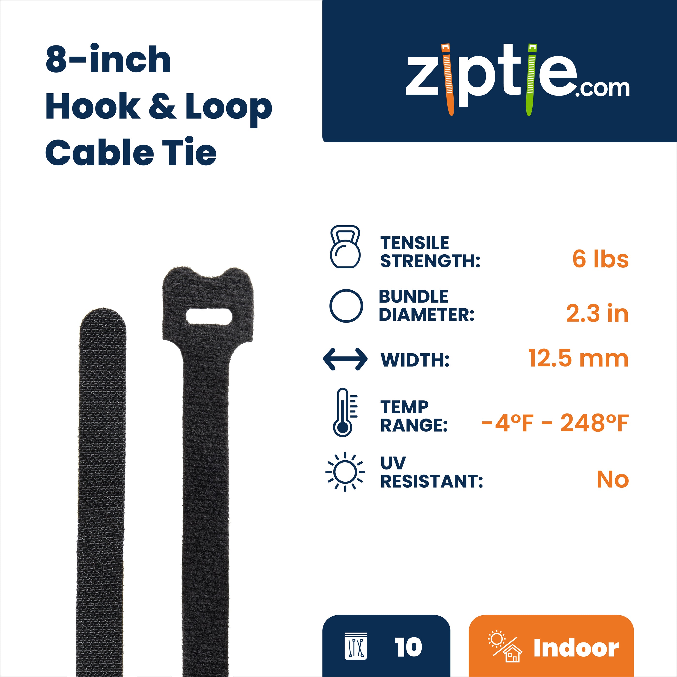 8-inch Black Hook and Loop, 6-lb Tensile Strength, 10-Pack