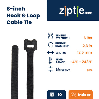 8-inch Black Hook and Loop, 6-lb Tensile Strength, 10-Pack
