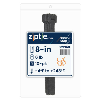 8-inch Black Hook and Loop, 6-lb Tensile Strength, 10-Pack