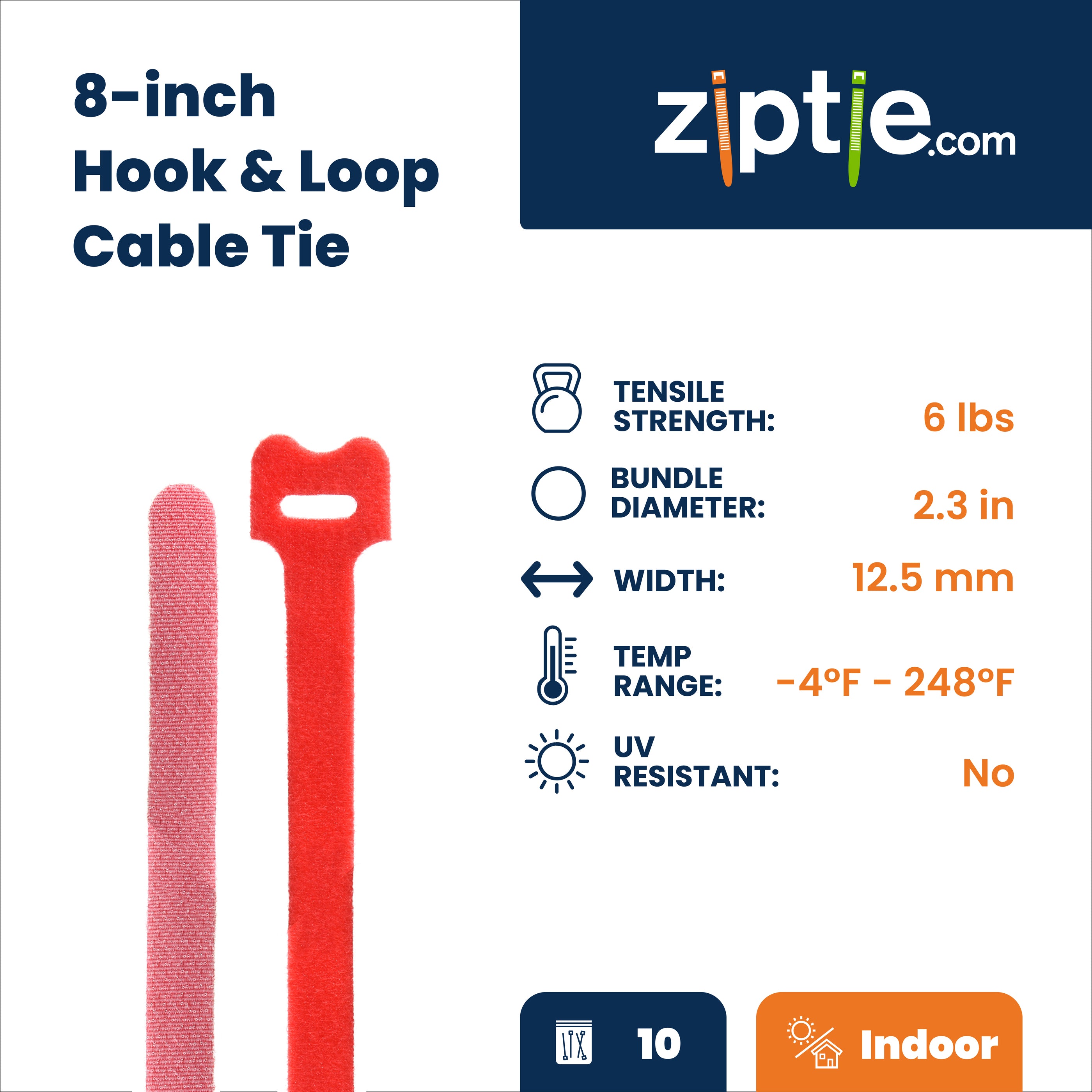 8-inch Red Hook and Loop, 6-lb Tensile Strength, 10-Pack