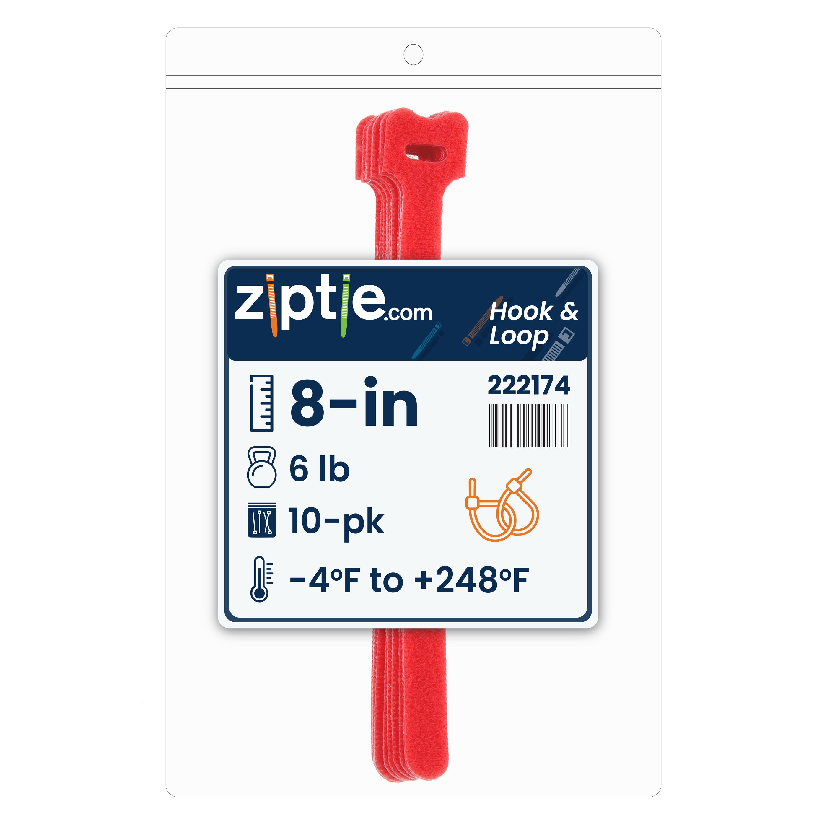 8-inch Red Hook and Loop, 6-lb Tensile Strength, 10-Pack