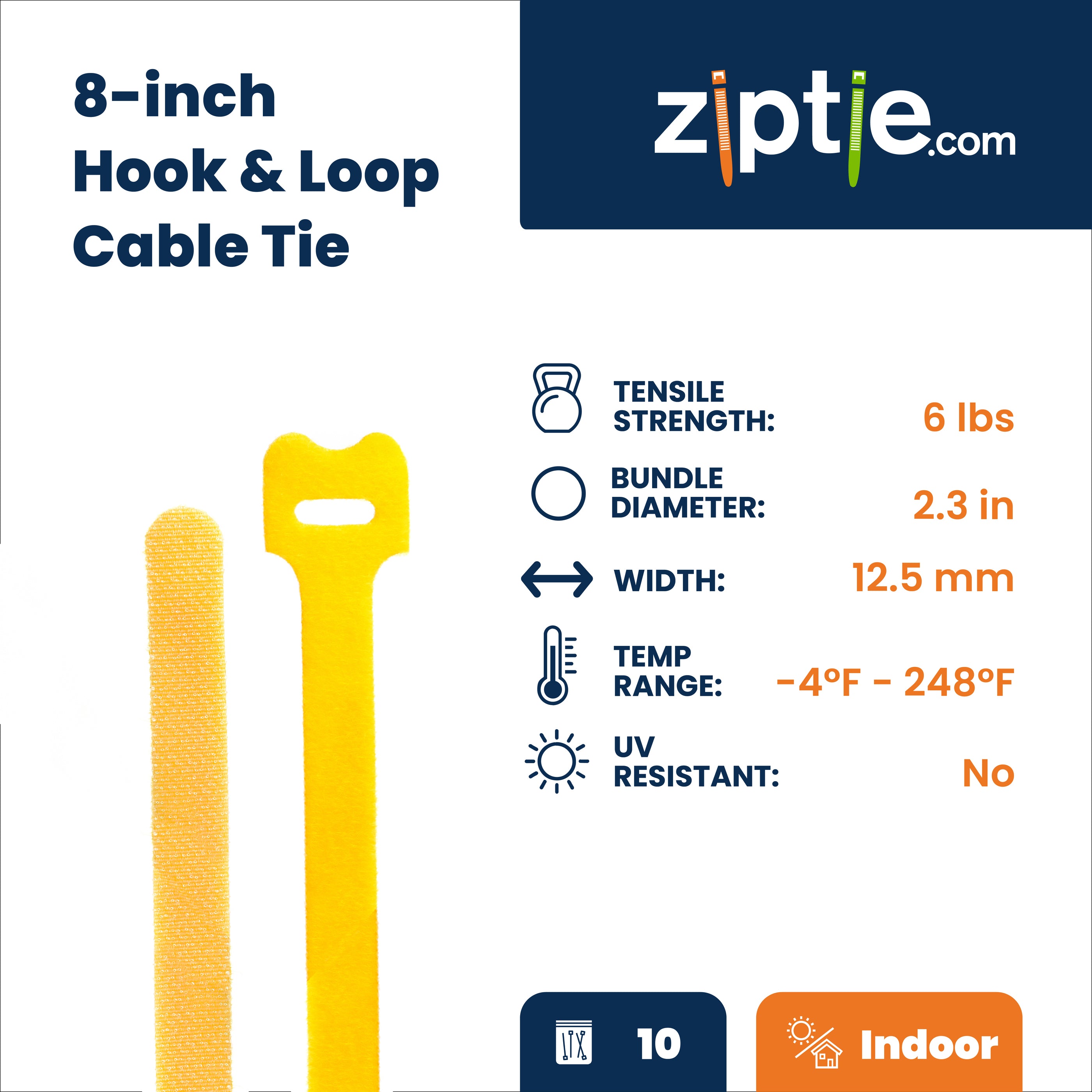8-inch Yellow Hook and Loop, 6-lb Tensile Strength, 10-Pack