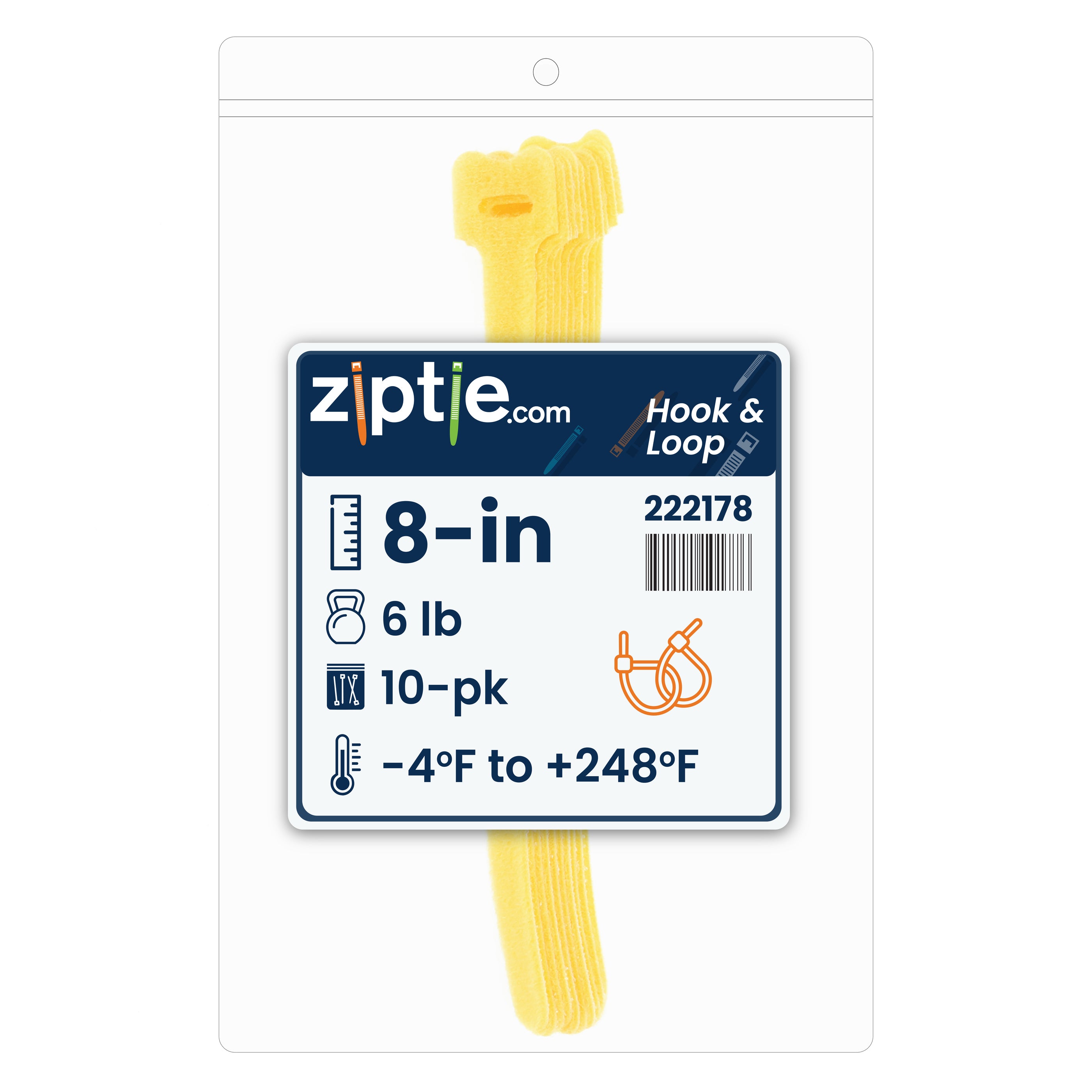 8-inch Yellow Hook and Loop, 6-lb Tensile Strength, 10-Pack