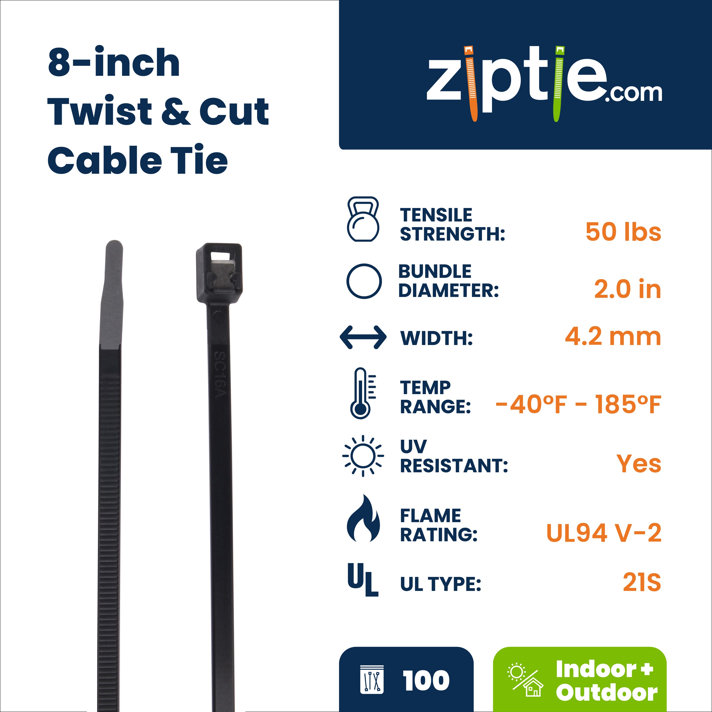8-inch UV Resistant Black Twist & Cut Zip Tie, 50-lb Tensile Strength, UL 21S Listed, 100-Pack
