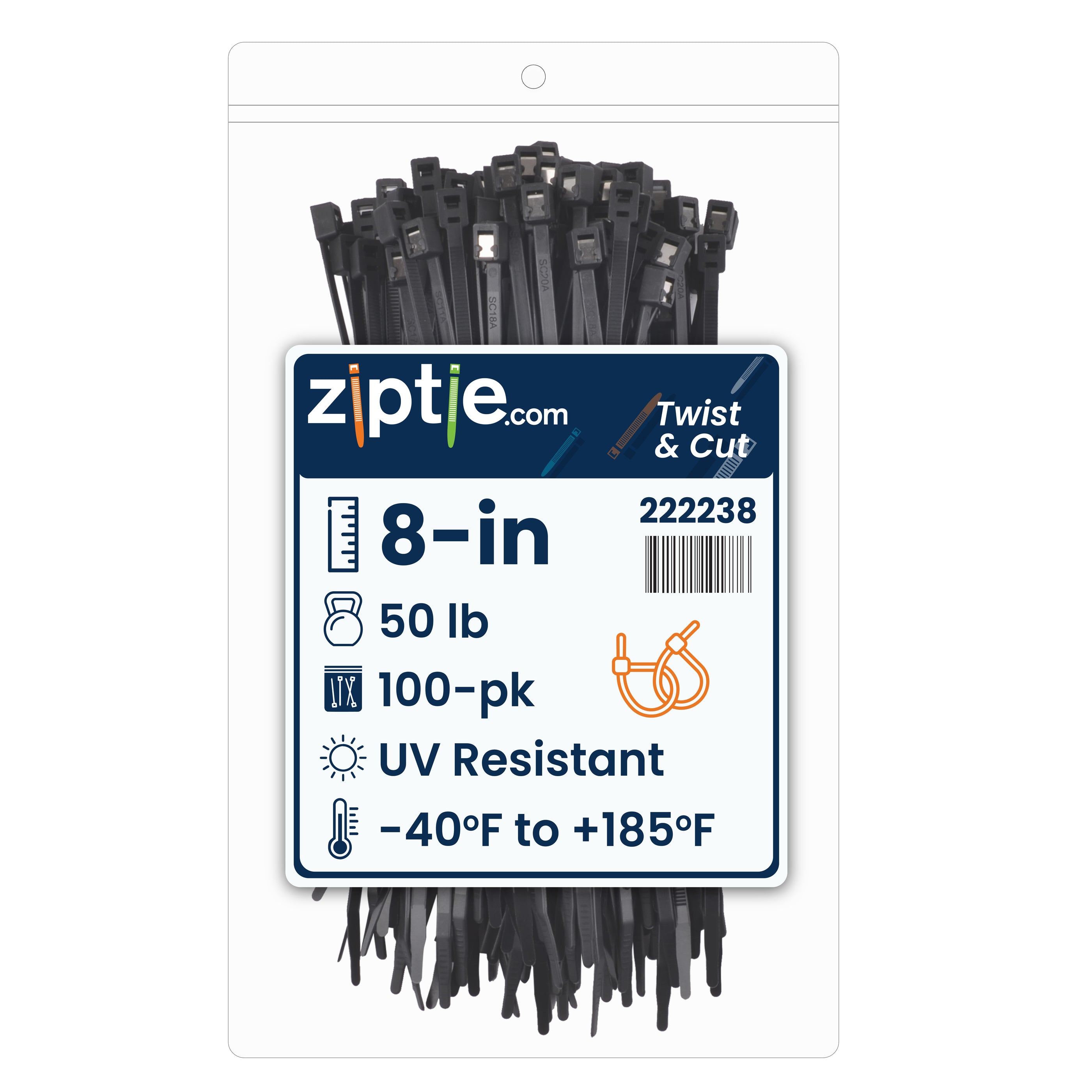 8-inch UV Resistant Black Twist & Cut Zip Tie, 50-lb Tensile Strength, UL 21S Listed, 100-Pack