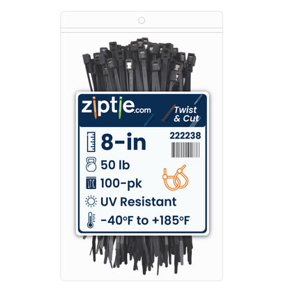 8-inch UV Resistant Black Twist & Cut Zip Tie, 50-lb Tensile Strength, UL 21S Listed, 100-Pack
