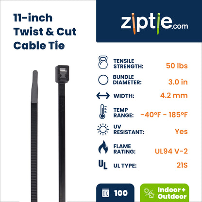 11-inch UV Resistant Black Twist & Cut Zip Tie, 50-lb Tensile Strength, UL 21S Listed, 100-Pack