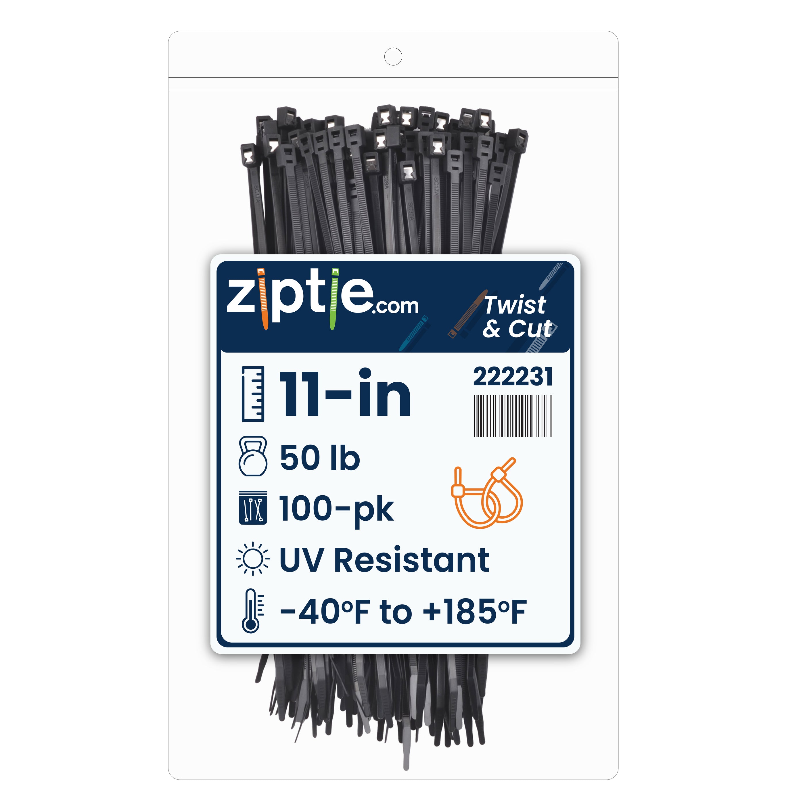 11-inch UV Resistant Black Twist & Cut Zip Tie, 50-lb Tensile Strength, UL 21S Listed, 100-Pack