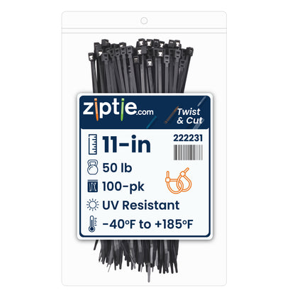 11-inch UV Resistant Black Twist & Cut Zip Tie, 50-lb Tensile Strength, UL 21S Listed, 100-Pack