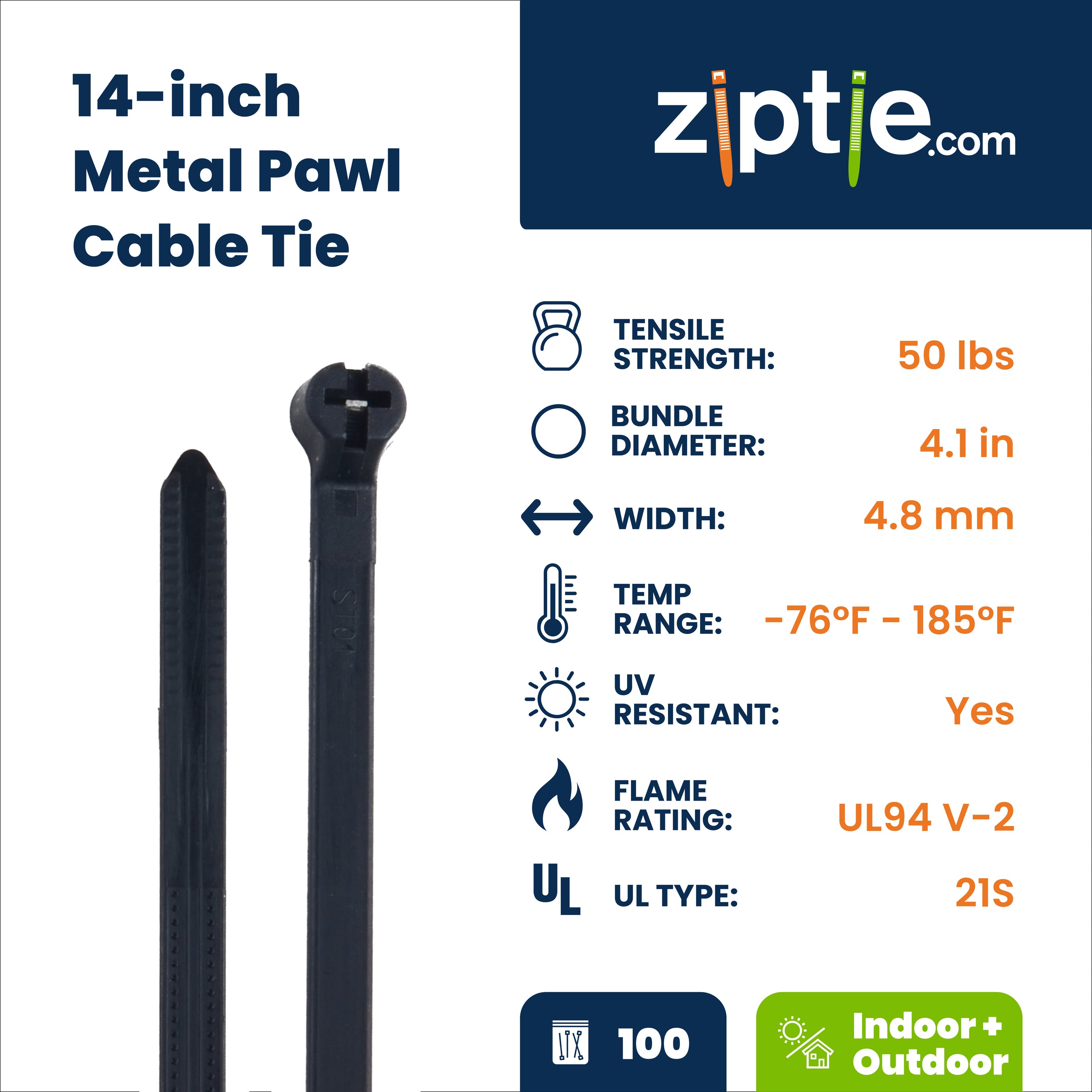 14-inch UV Resistant Black Metal Pawl Zip Tie, 50-lb Tensile Strength, UL 21S Listed, 100-Pack