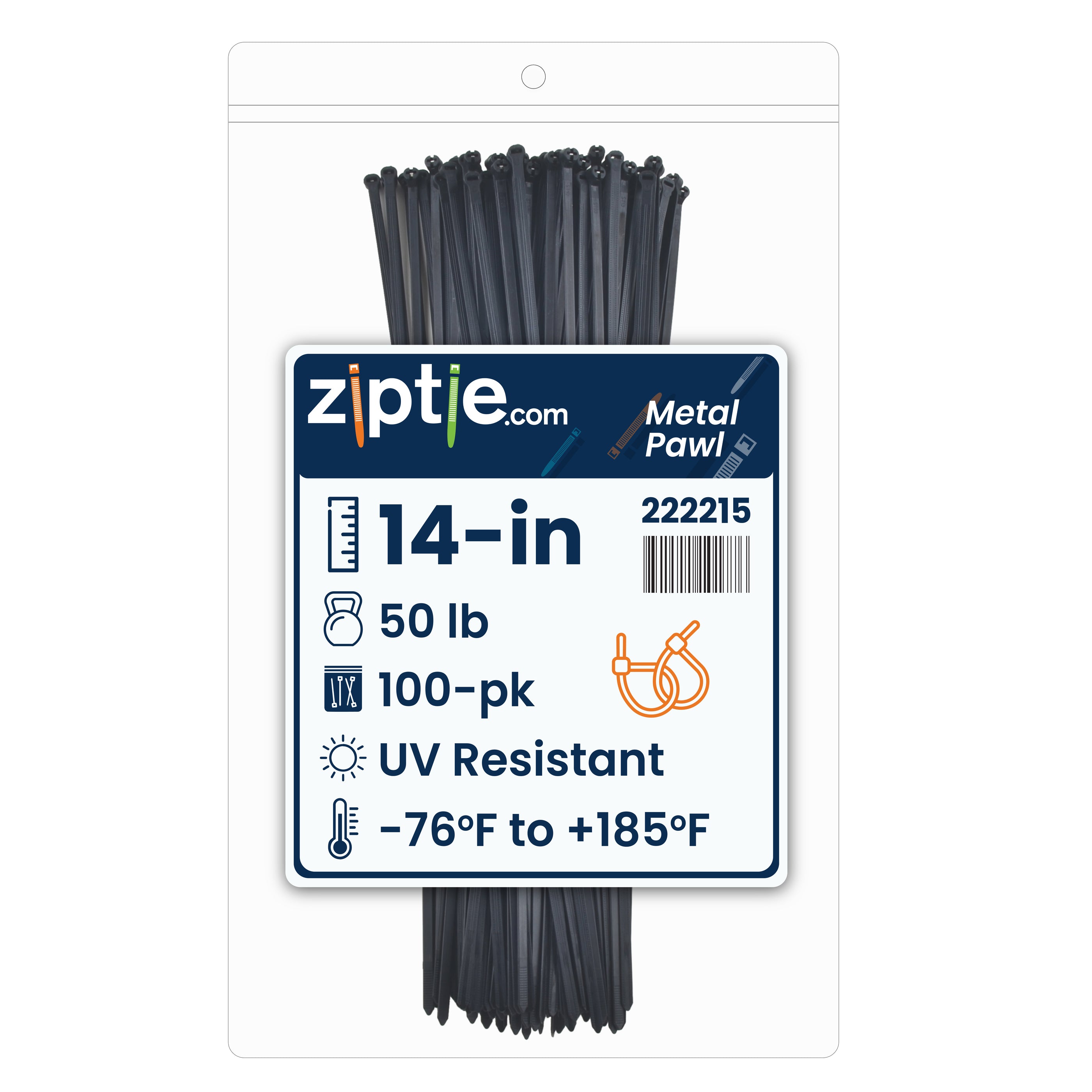 14-inch UV Resistant Black Metal Pawl Zip Tie, 50-lb Tensile Strength, UL 21S Listed, 100-Pack