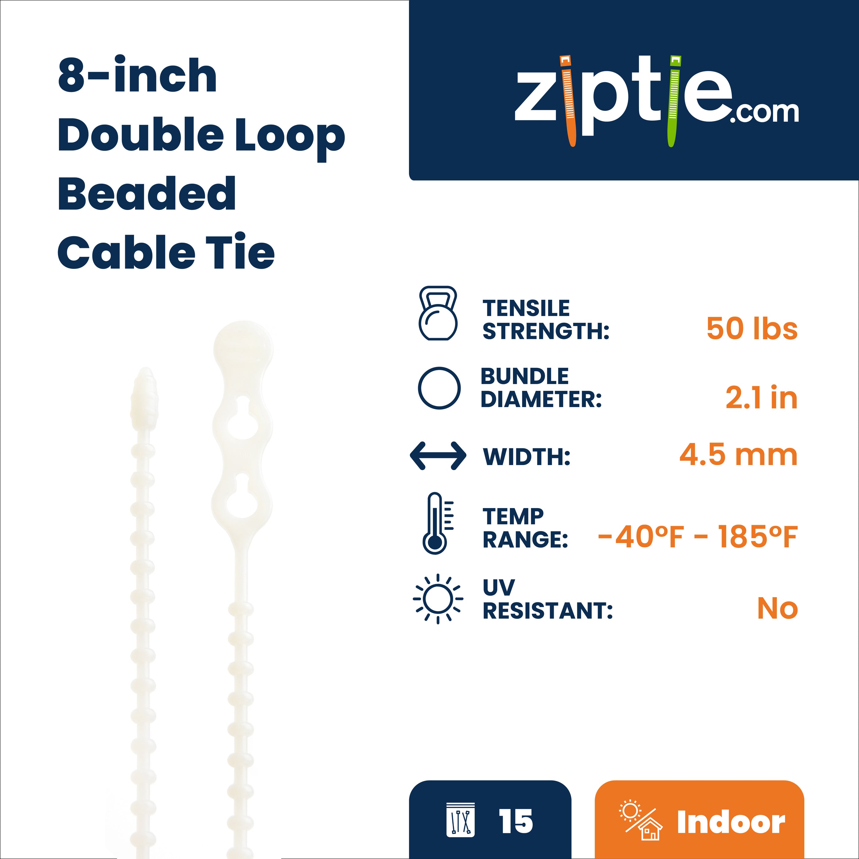 8-inch Natural Double Loop Beaded Zip Tie, 50-lb Tensile Strength, 15-Pack