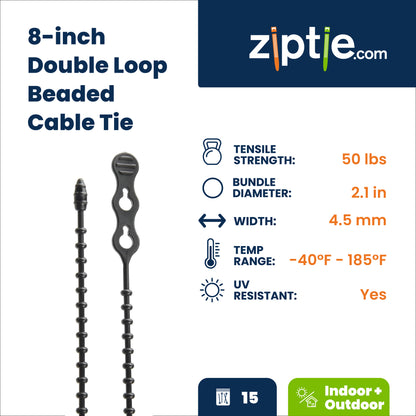 8-inch UV Resistant Black Double Loop Beaded Zip Tie, 50-lb Tensile Strength, 15-Pack