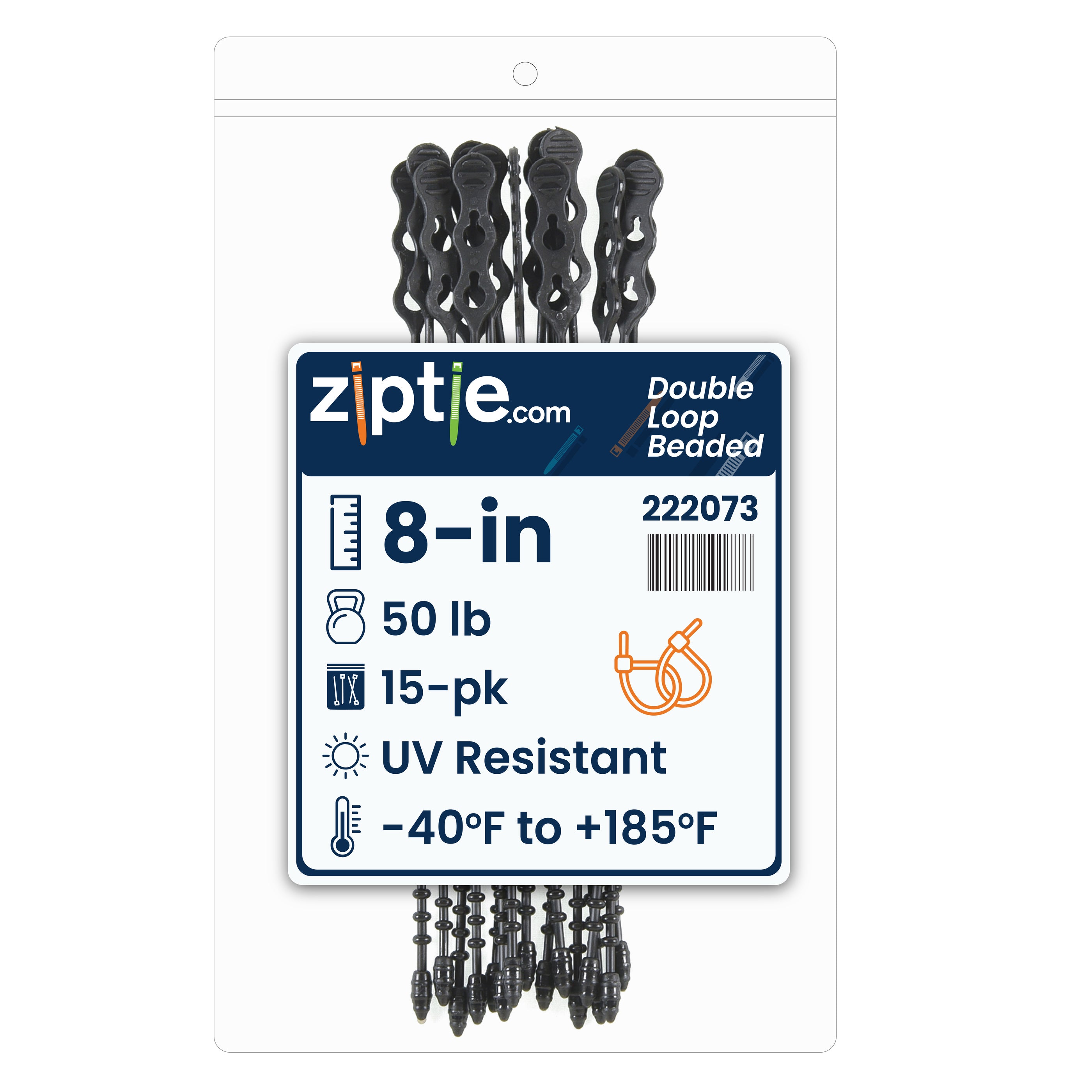 8-inch UV Resistant Black Double Loop Beaded Zip Tie, 50-lb Tensile Strength, 15-Pack