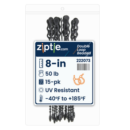 8-inch UV Resistant Black Double Loop Beaded Zip Tie, 50-lb Tensile Strength, 15-Pack