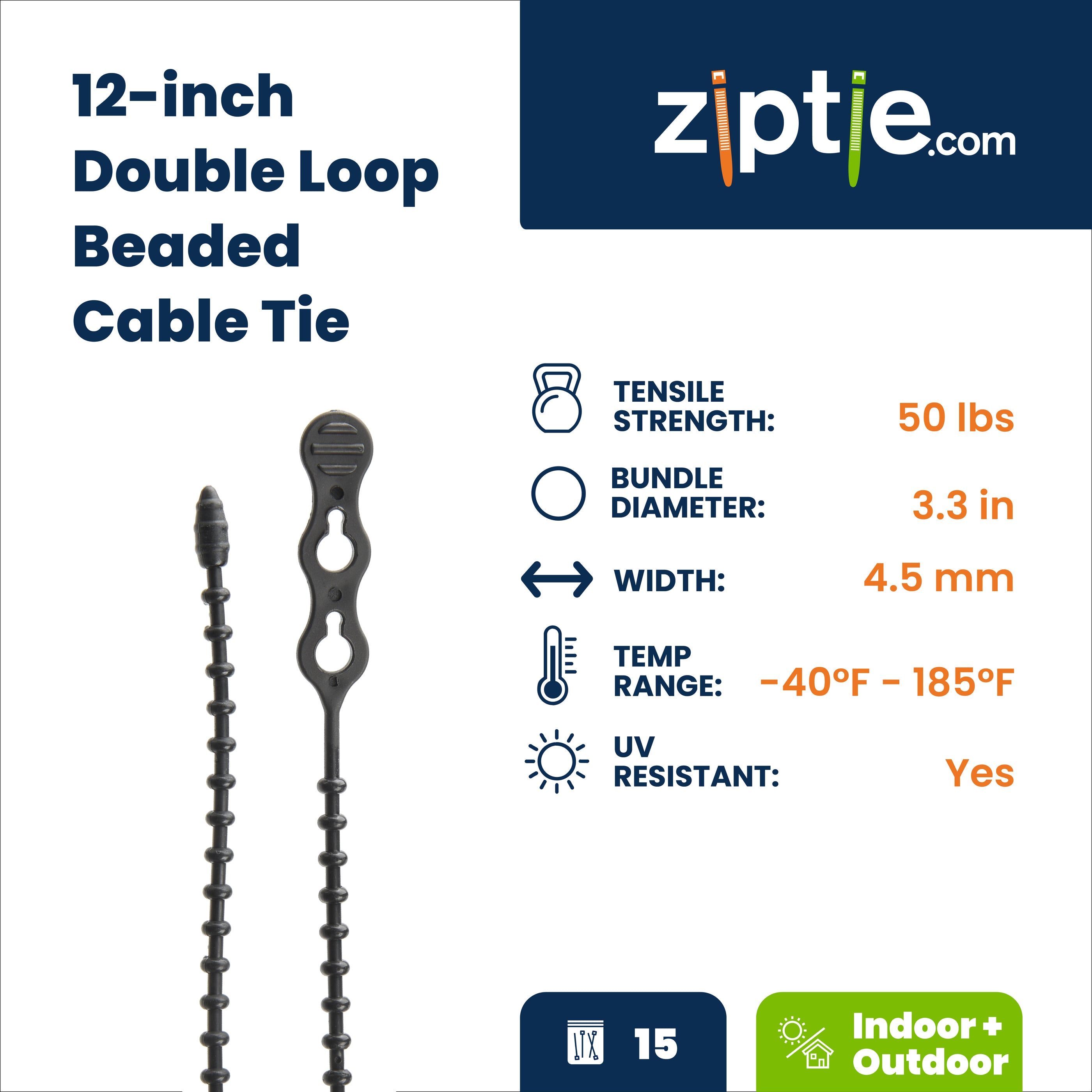 12-inch UV Resistant Black Double Loop Beaded Zip Tie, 50-lb Tensile Strength, 15-Pack