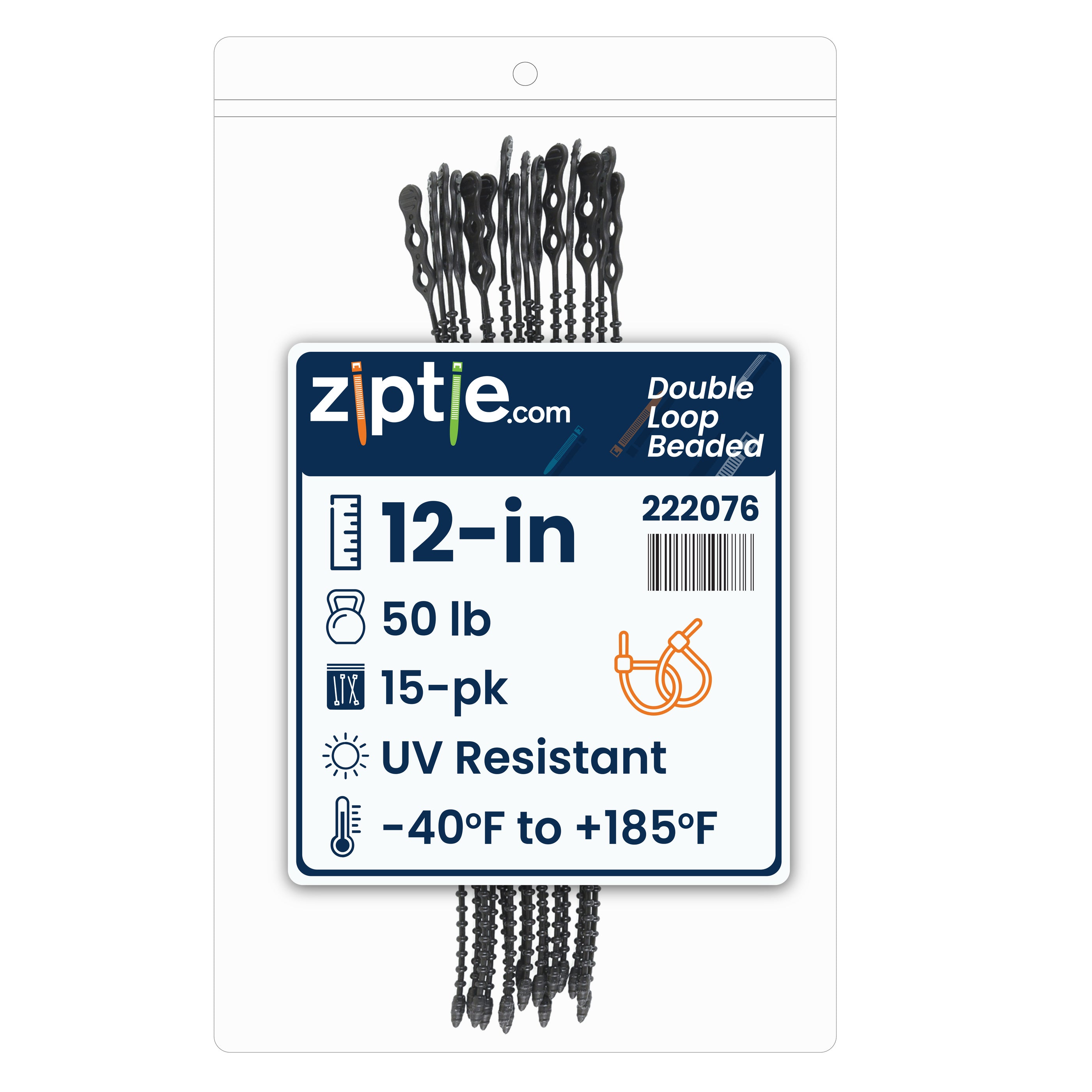 12-inch UV Resistant Black Double Loop Beaded Zip Tie, 50-lb Tensile Strength, 15-Pack