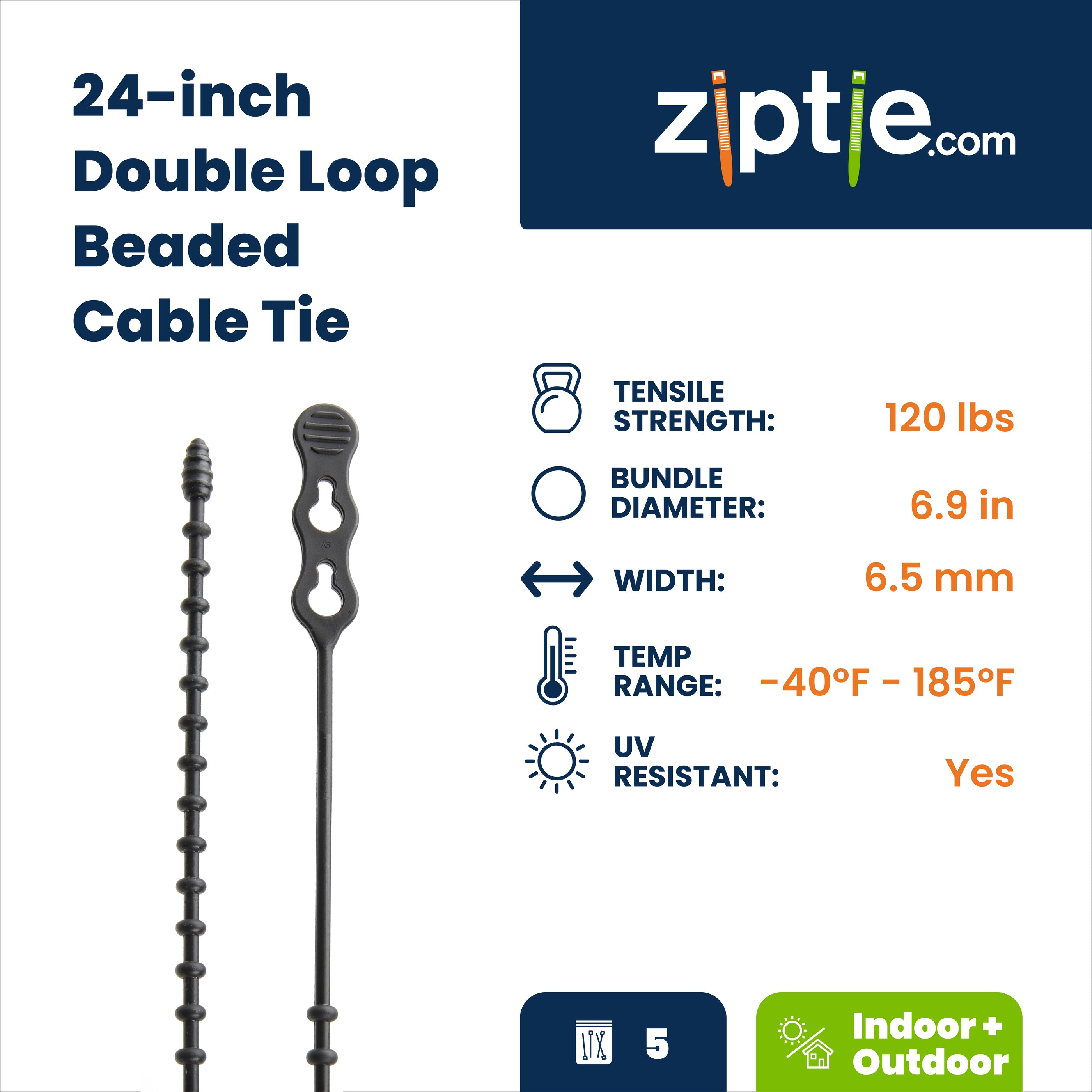 24-inch UV Resistant Black Double Loop Beaded Zip Tie, 120-lb Tensile Strength, 5-Pack