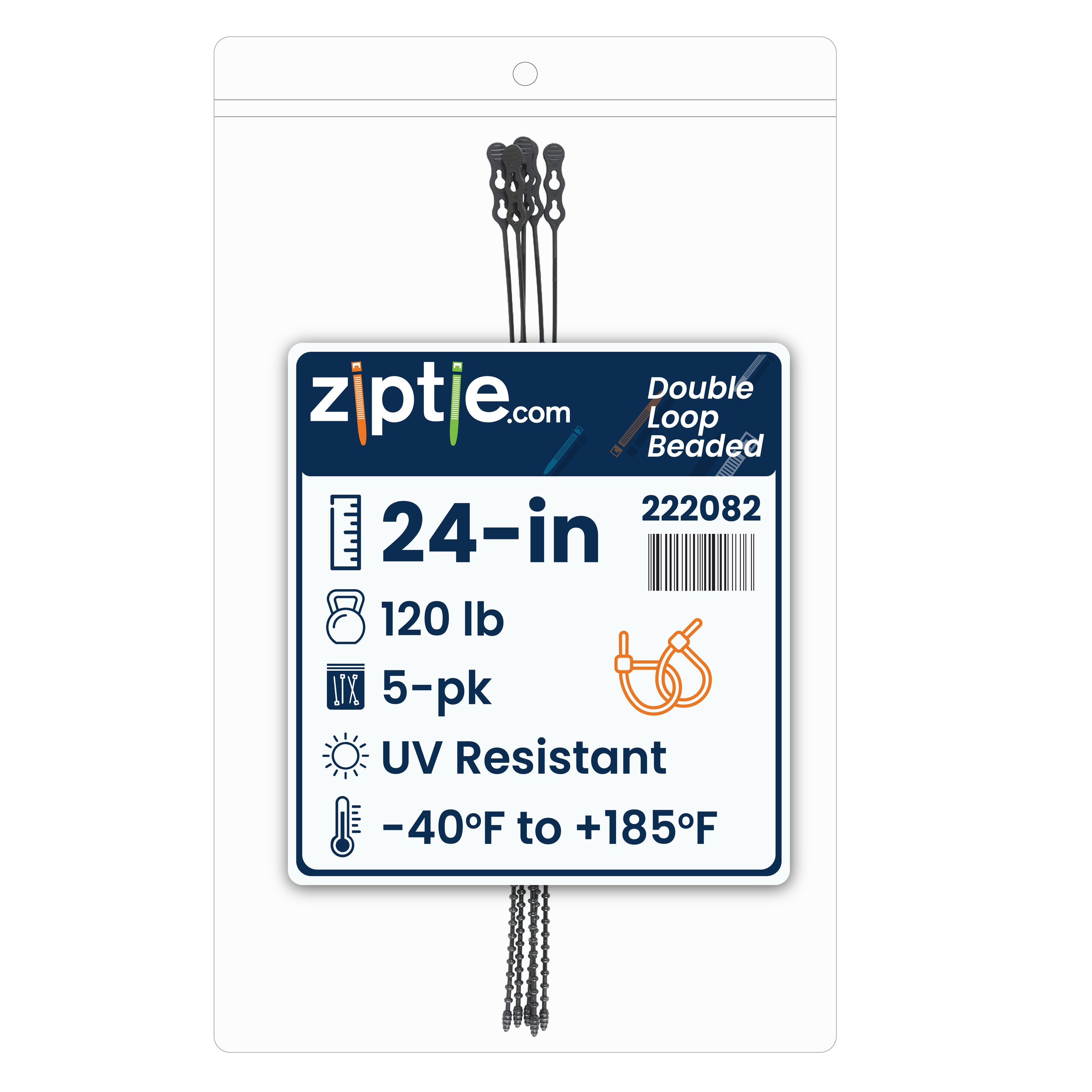 24-inch UV Resistant Black Double Loop Beaded Zip Tie, 120-lb Tensile Strength, 5-Pack