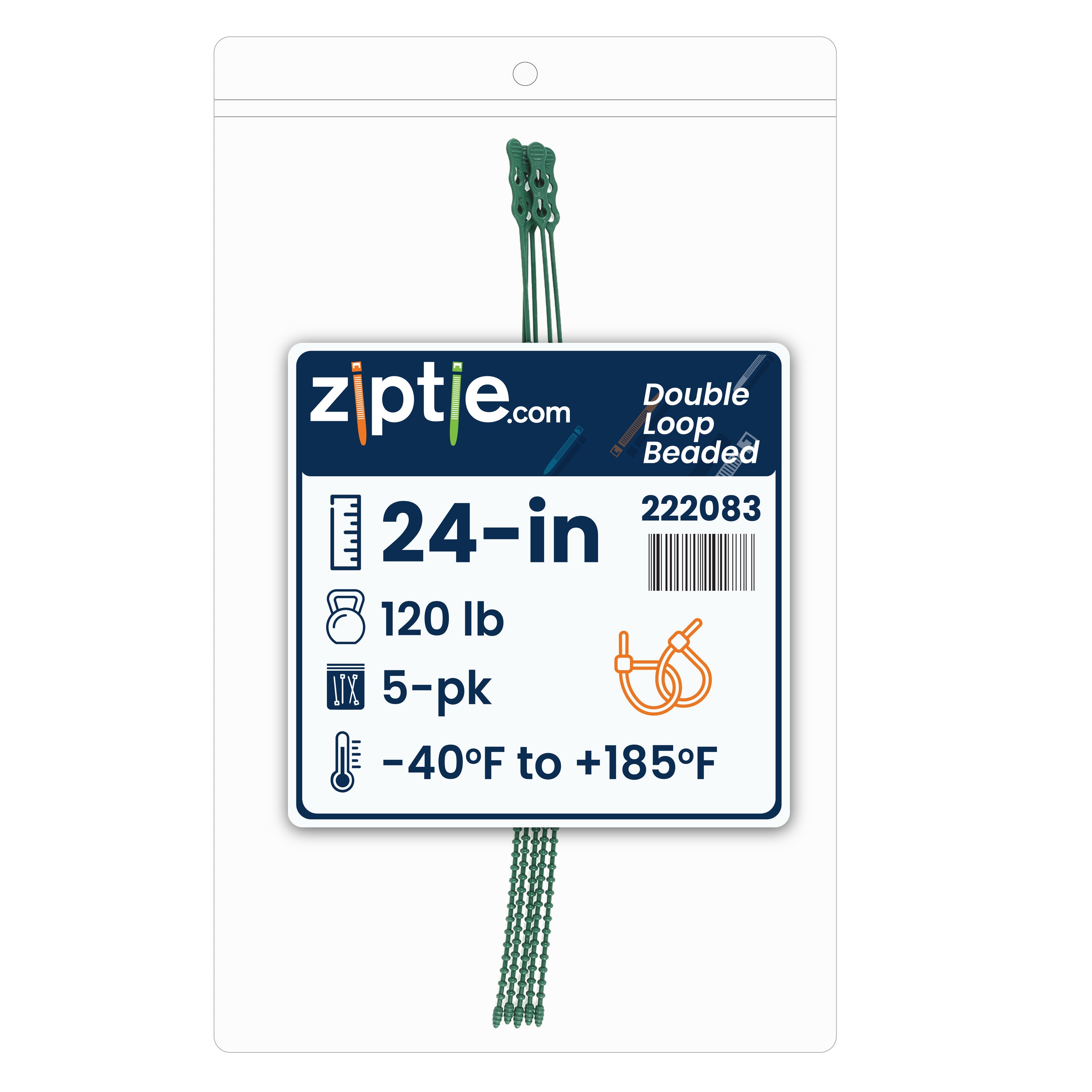 24-inch Green Double Loop Beaded Zip Tie, 120-lb Tensile Strength
