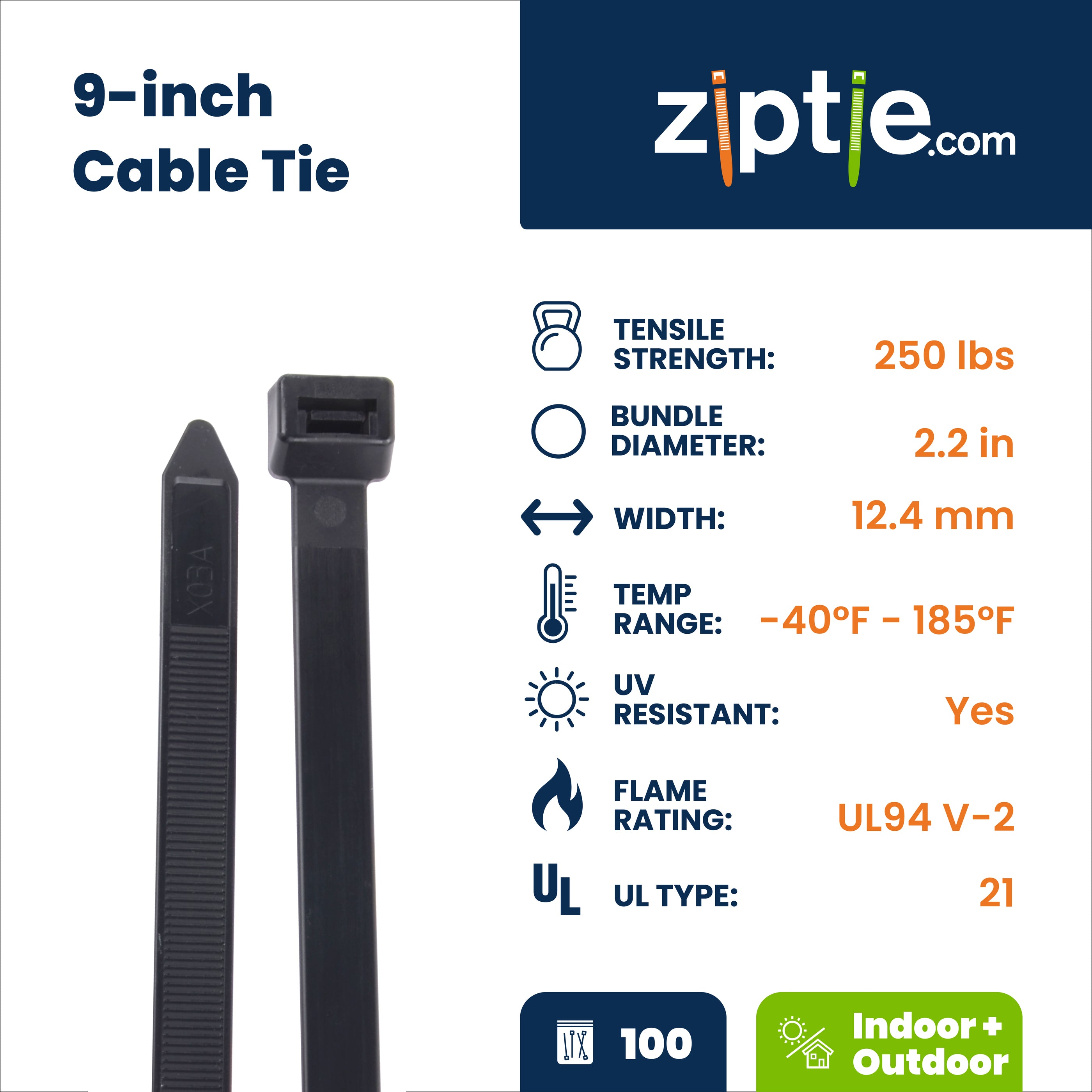 9-inch UV Resistant Black Multi-Purpose Zip Tie, 250-lb Tensile