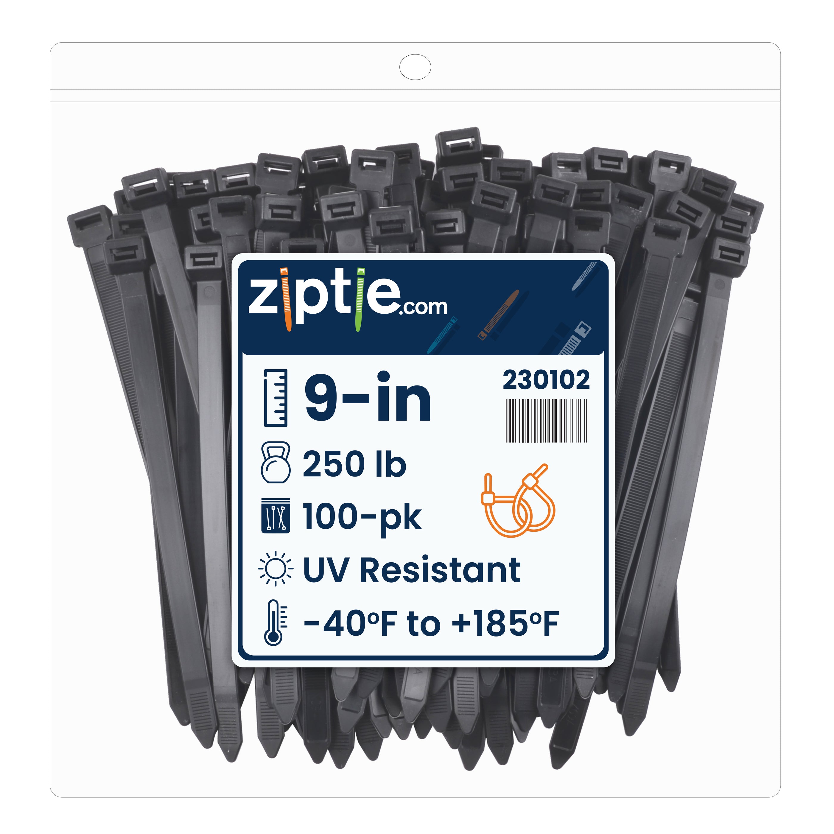 9-inch UV Resistant Black Multi-Purpose Zip Tie, 250-lb Tensile