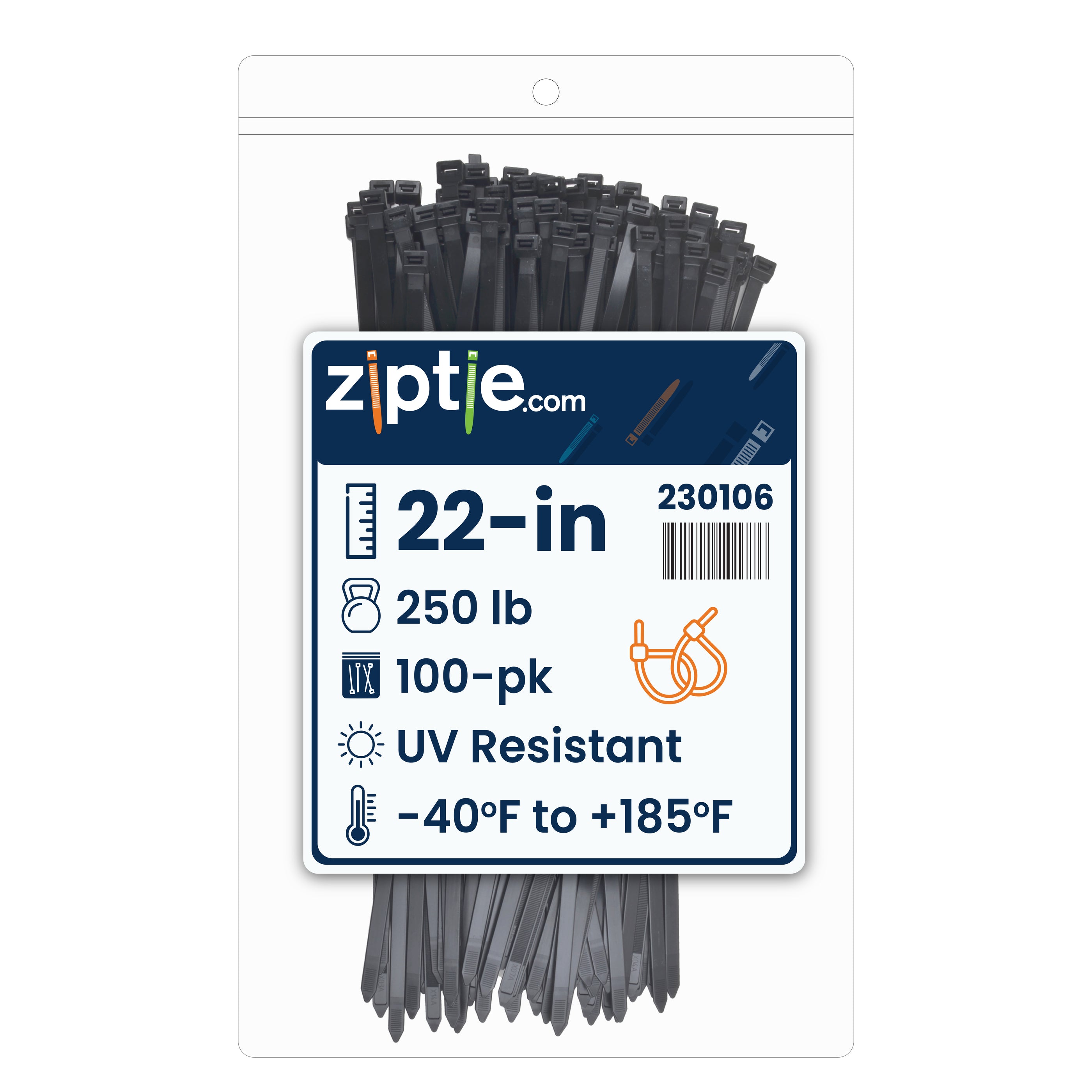 22-inch UV Resistant Black Multi-Purpose Zip Tie, 250-lb Tensile