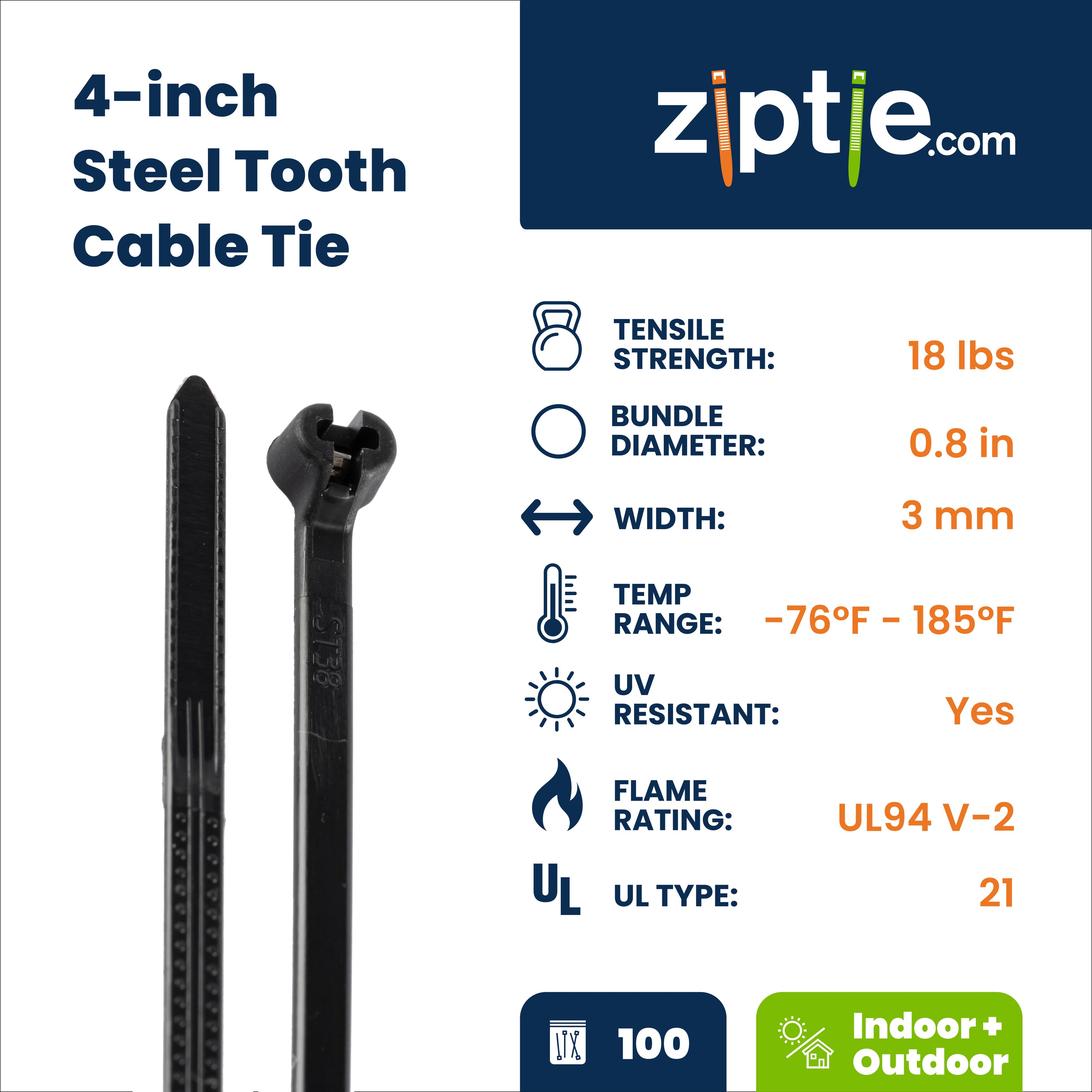 4-inch UV Resistant Black Steel Tooth Zip Tie, 18-lb Tensile Strength, UL 21 Listed, 100-Pack