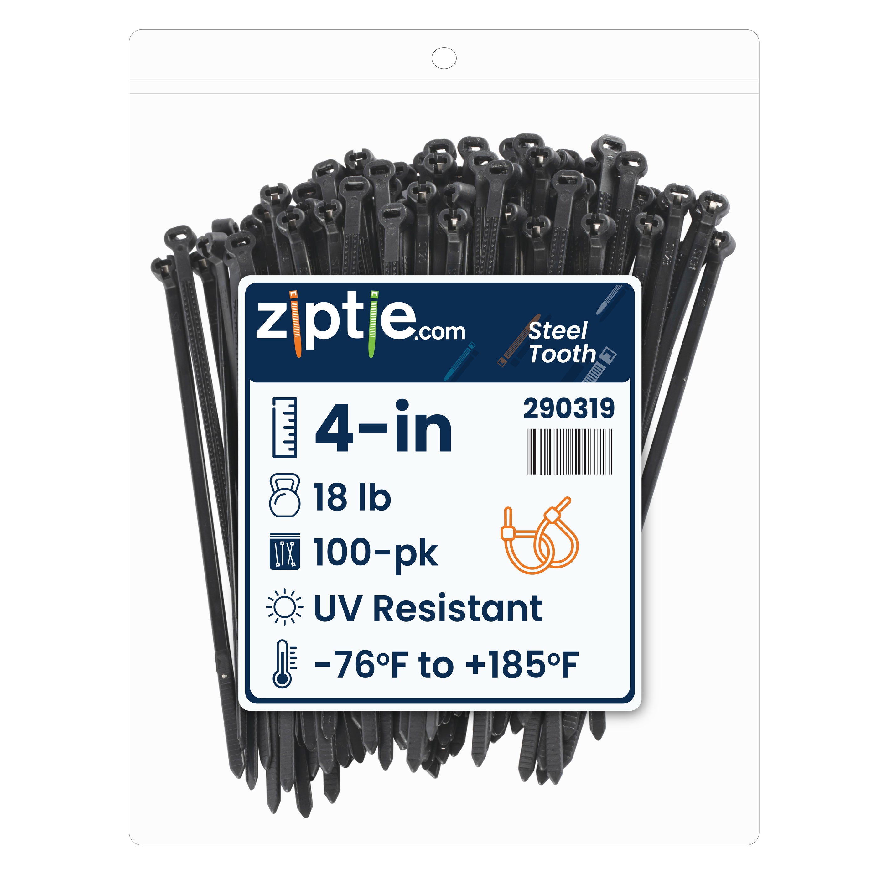4-inch UV Resistant Black Steel Tooth Zip Tie, 18-lb Tensile Strength, UL 21 Listed, 100-Pack