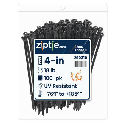 4-inch UV Resistant Black Steel Tooth Zip Tie, 18-lb Tensile Strength, UL 21 Listed, 100-Pack