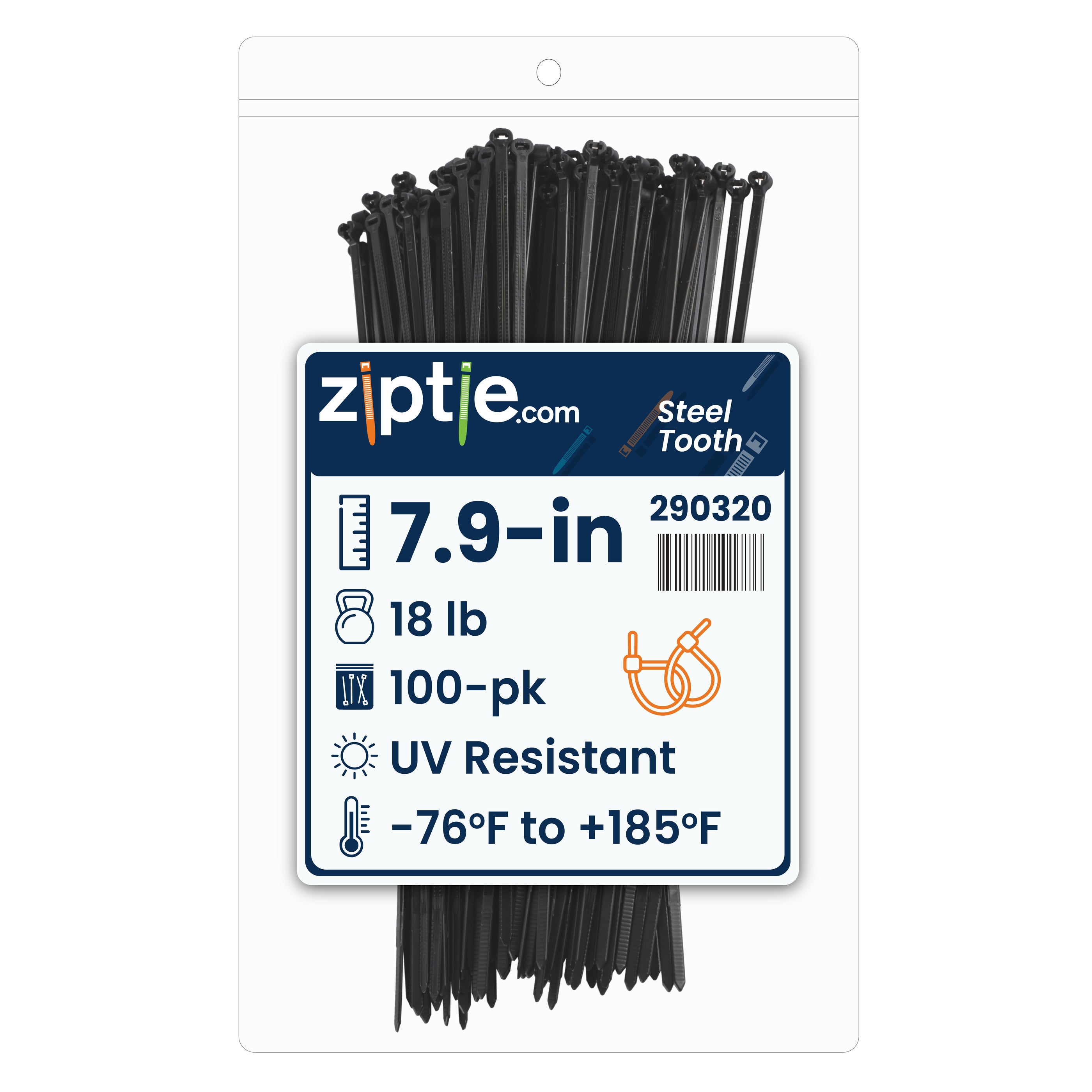7.9-inch UV Resistant Black Steel Tooth Zip Tie, 18-lb Tensile Strength, UL 21 Listed, 100-Pack