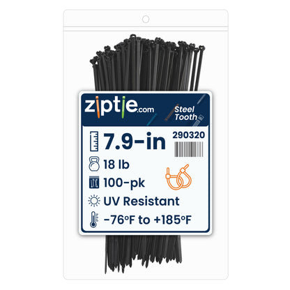 7.9-inch UV Resistant Black Steel Tooth Zip Tie, 18-lb Tensile Strength, UL 21 Listed, 100-Pack