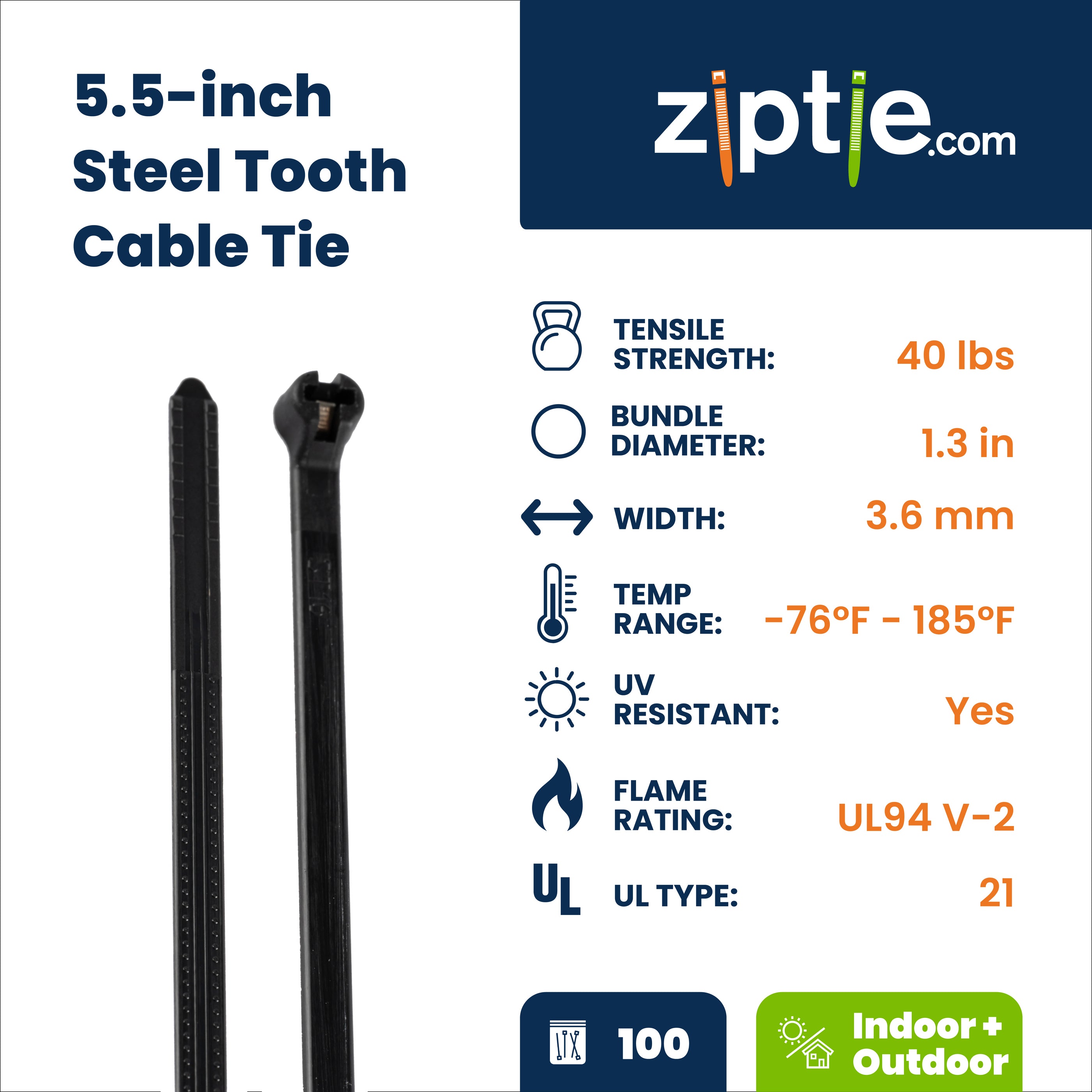 5.5-inch UV Resistant Black Steel Tooth Zip Tie, 40-lb Tensile Strength, UL 21 Listed, 100-Pack