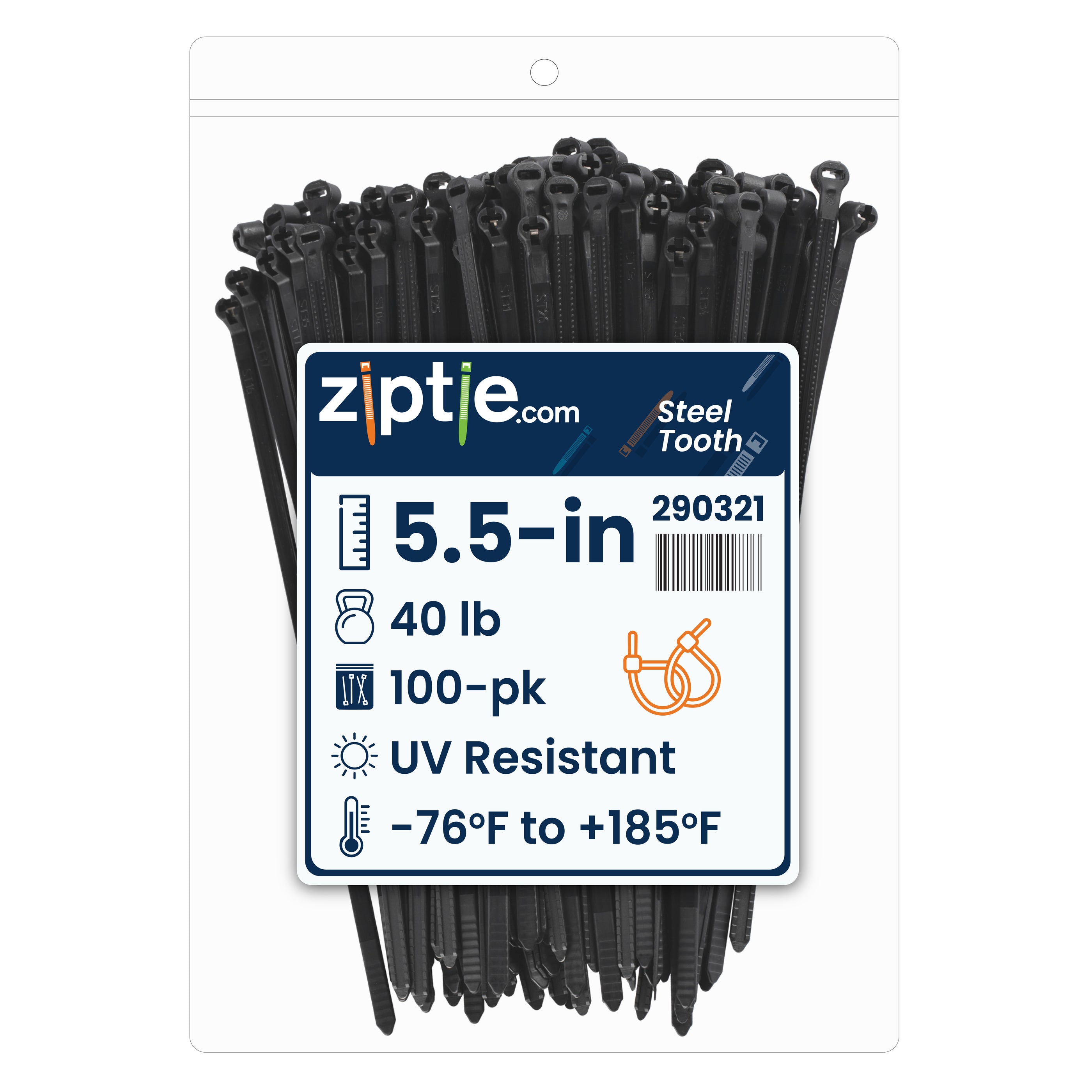 5.5-inch UV Resistant Black Steel Tooth Zip Tie, 40-lb Tensile Strength, UL 21 Listed, 100-Pack