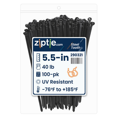 5.5-inch UV Resistant Black Steel Tooth Zip Tie, 40-lb Tensile Strength, UL 21 Listed, 100-Pack