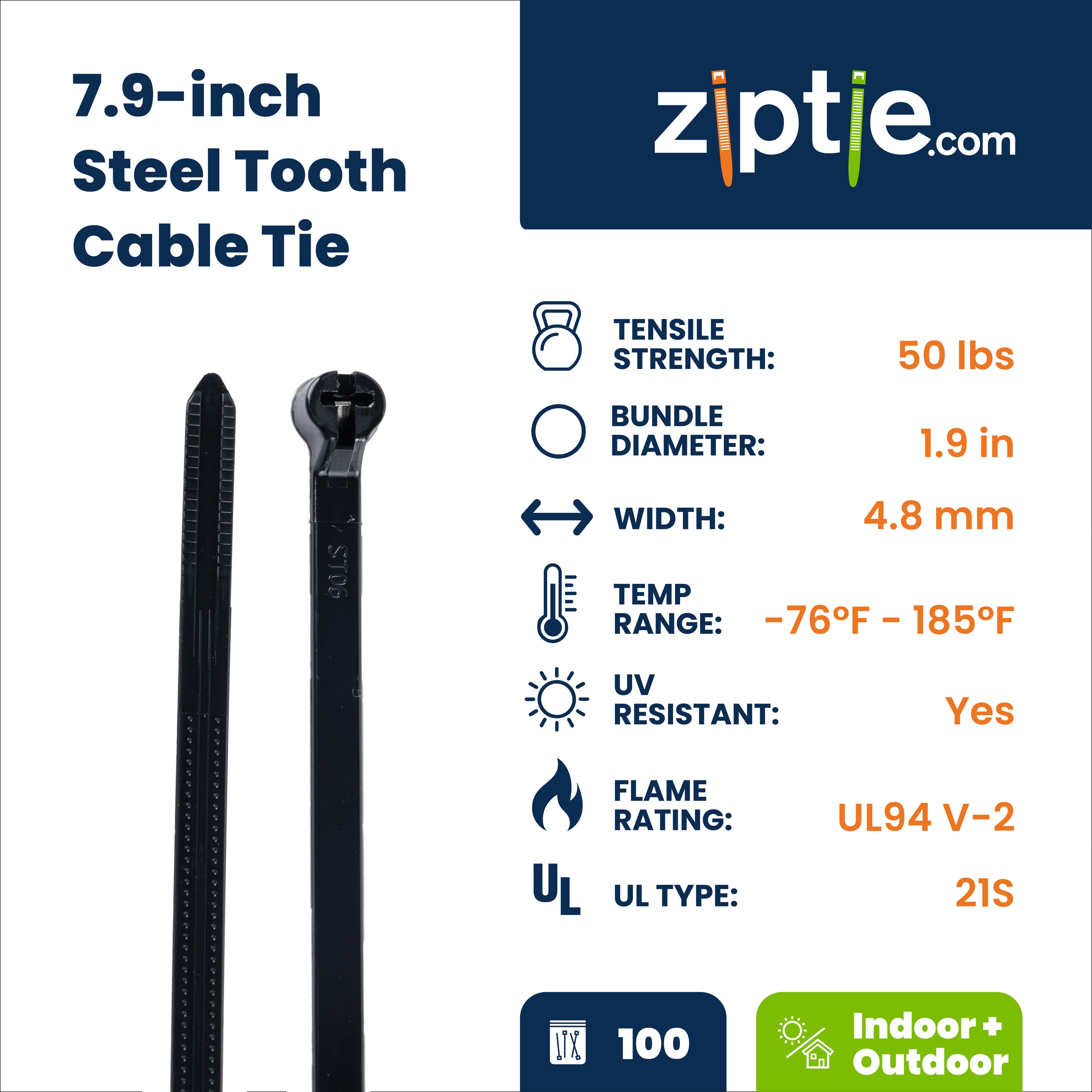 7.9-inch UV Resistant Black Steel Tooth Zip Tie, 50-lb Tensile Strength, UL 21S Listed, 100-Pack