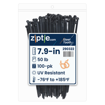 7.9-inch UV Resistant Black Steel Tooth Zip Tie, 50-lb Tensile Strength, UL 21S Listed, 100-Pack