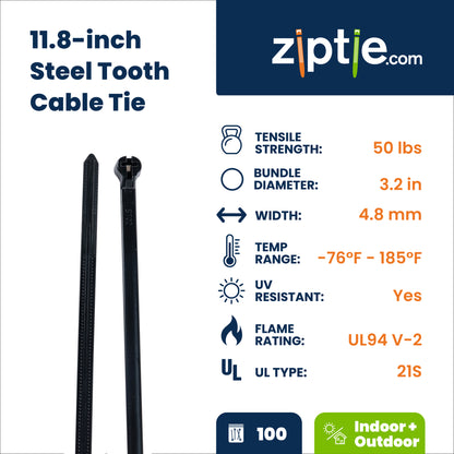 11.8-inch UV Resistant Black Steel Tooth Zip Tie, 50-lb Tensile Strength, UL 21S Listed, 100-Pack