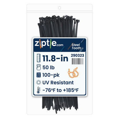 11.8-inch UV Resistant Black Steel Tooth Zip Tie, 50-lb Tensile Strength, UL 21S Listed, 100-Pack