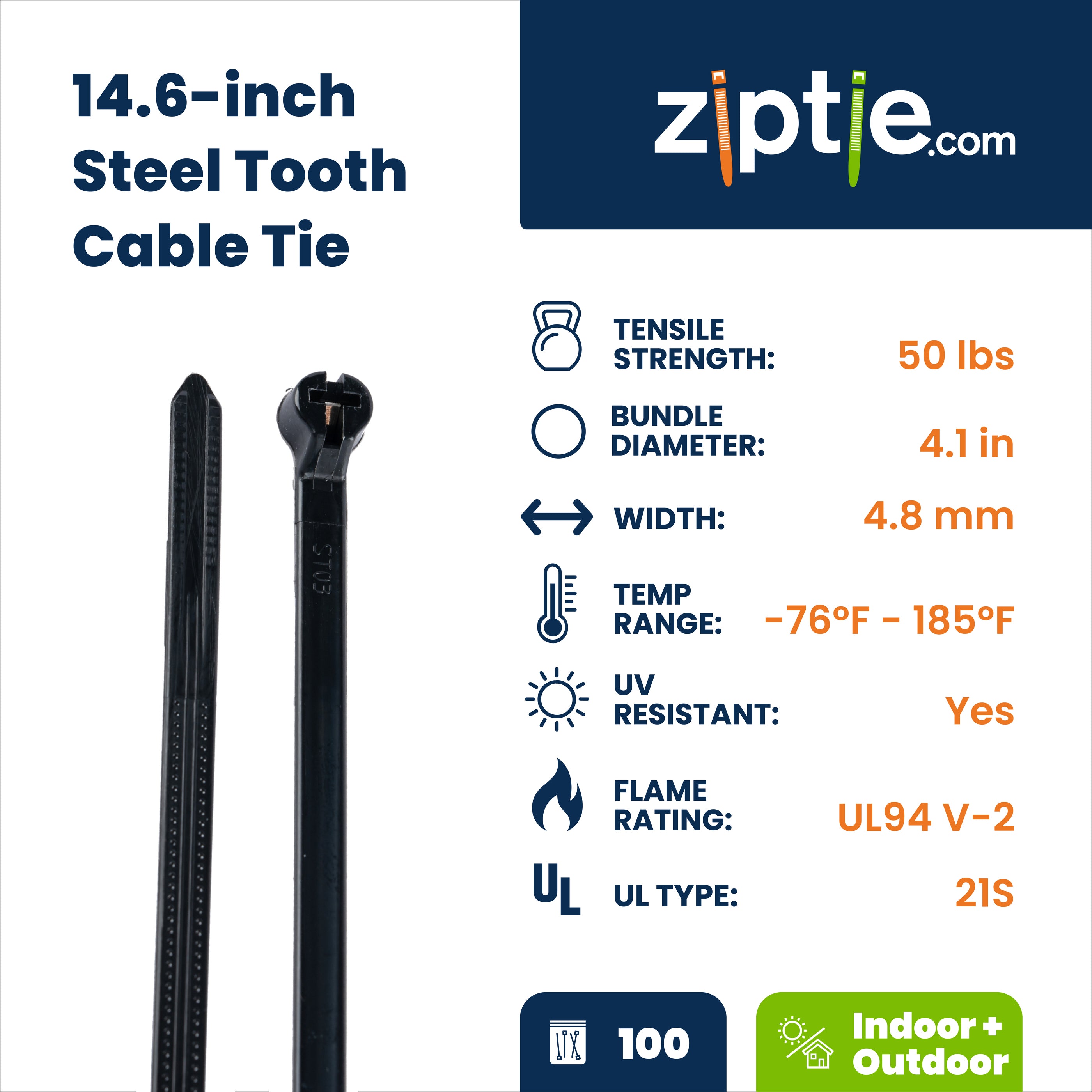 14.6-inch UV Resistant Black Steel Tooth Zip Tie, 50-lb Tensile Strength, UL 21S Listed, 100-Pack